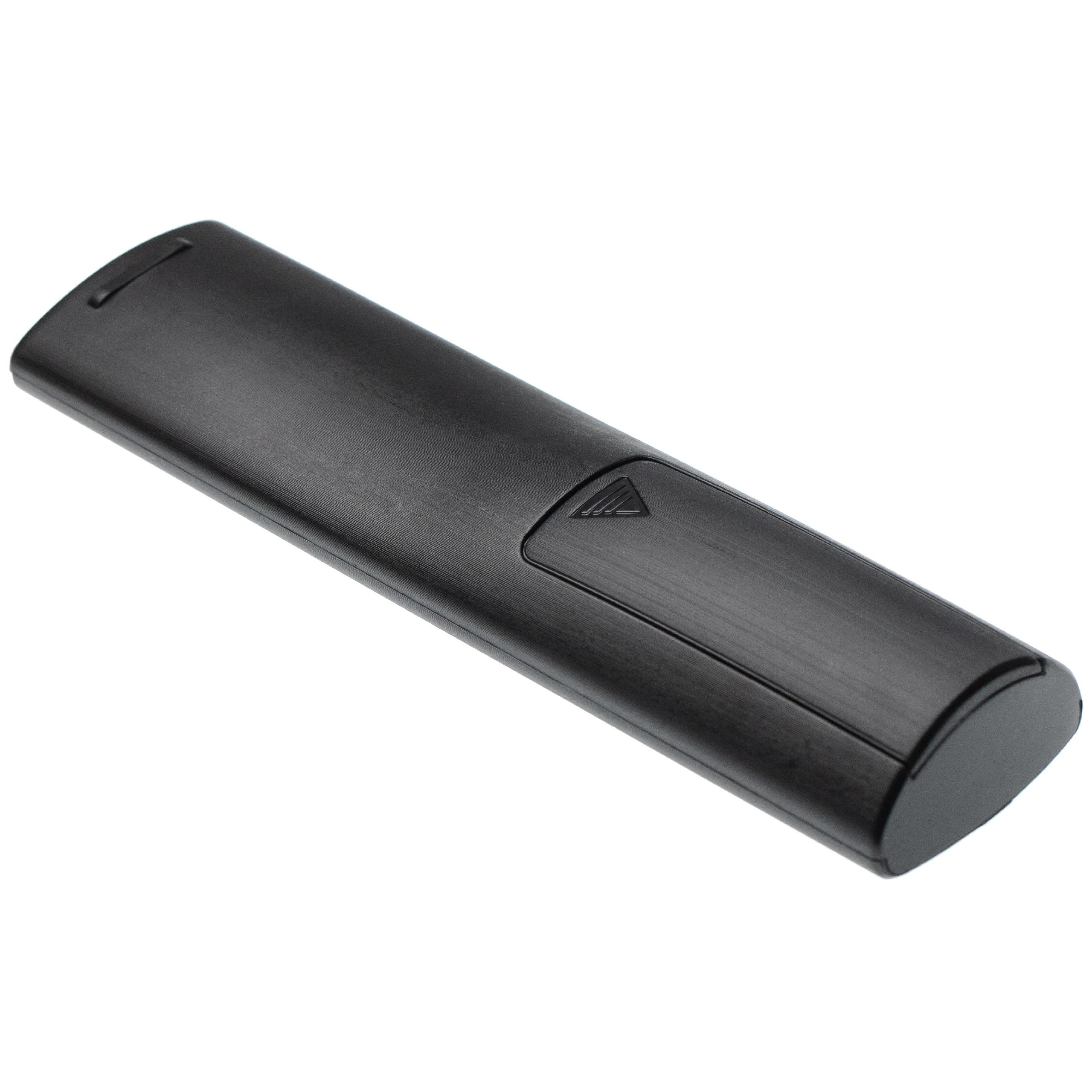 Eine schwarze Fernbedienung auf weißem Hintergrund. Die Fernbedienung hat ein schlankes, längliches Design.
