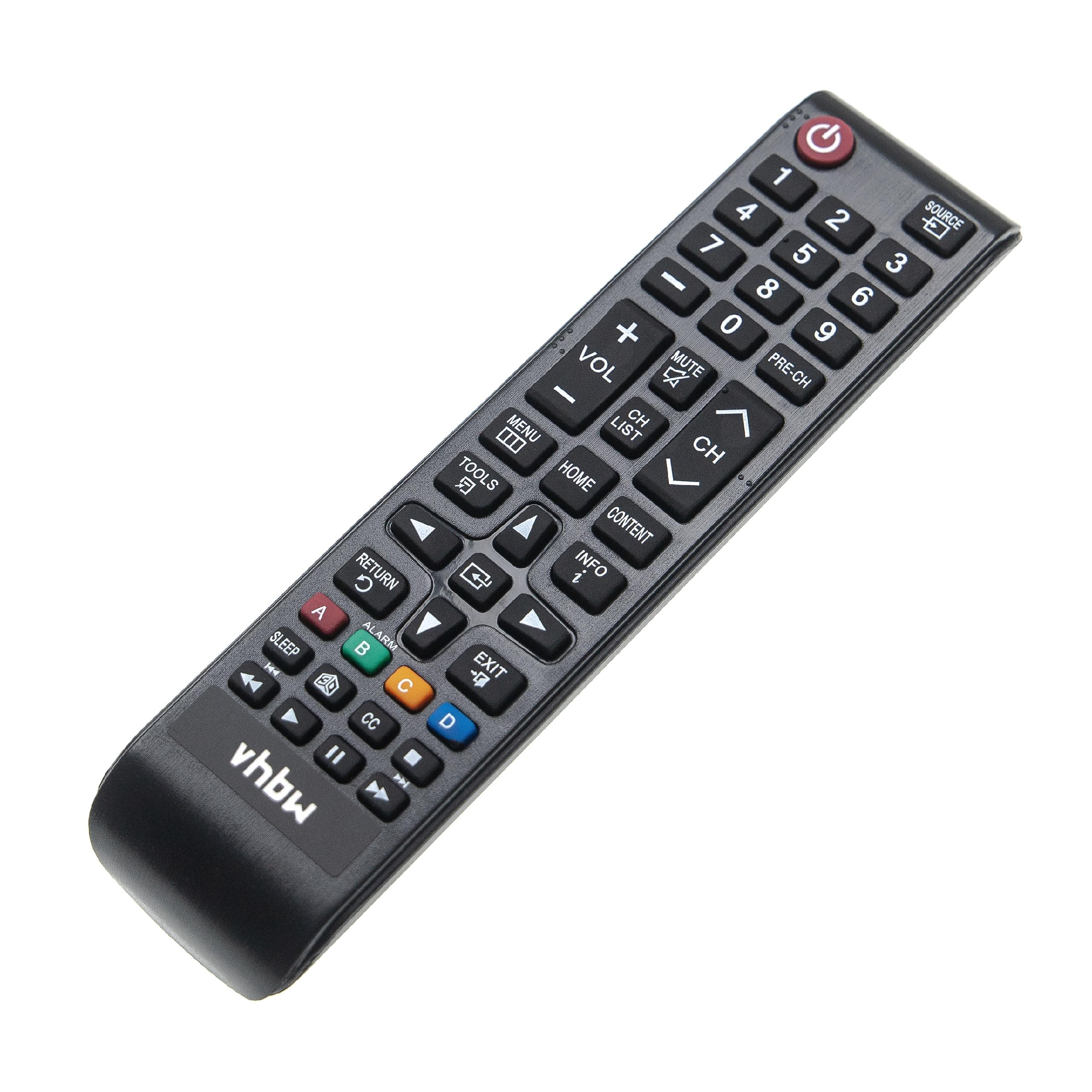 Eine schwarze TV-Fernbedienung mit weißen Tasten. Sie hat verschiedene Tasten für Lautstärke, Kanäle und andere Funktionen.