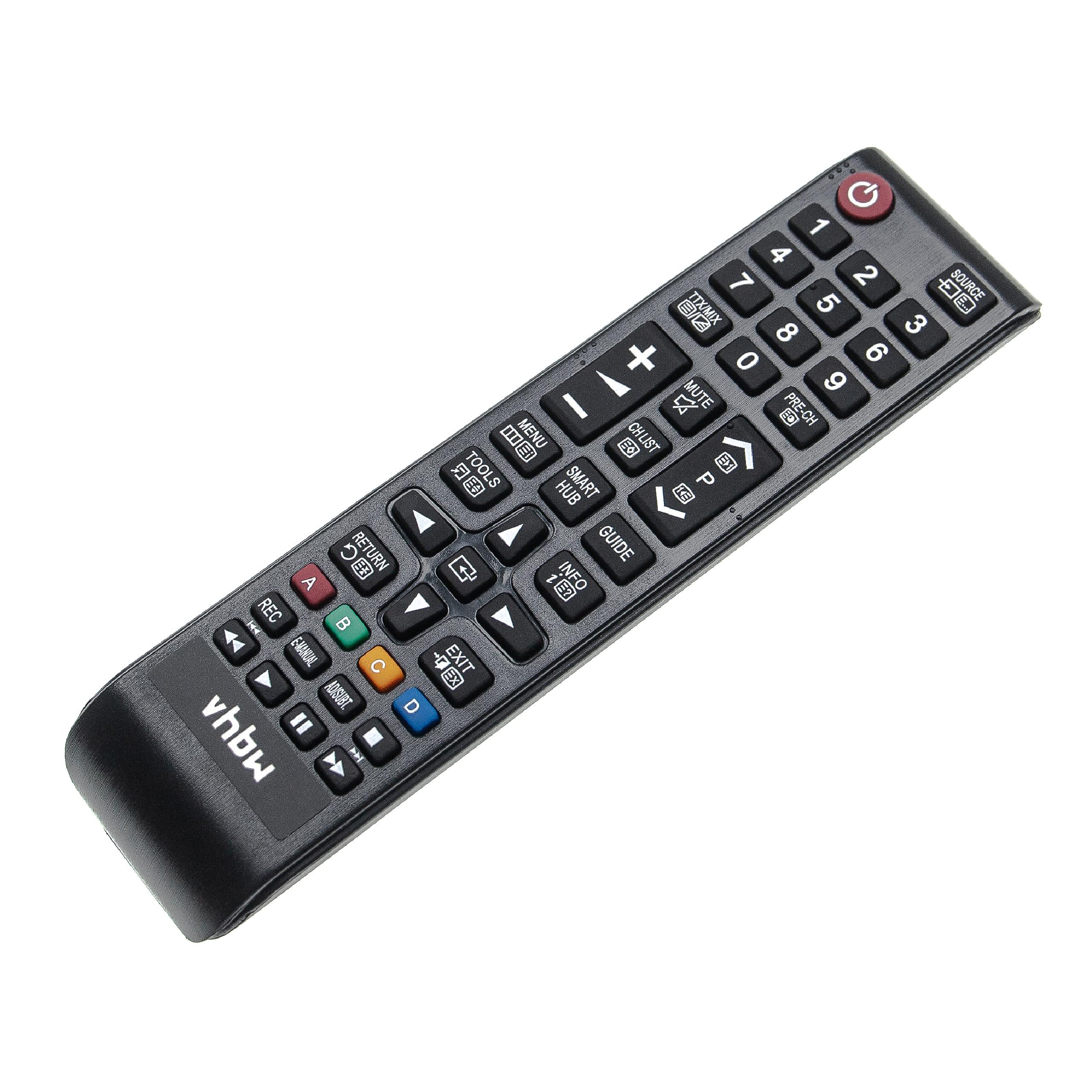 Eine schwarze TV-Fernbedienung mit vielen Tasten, darunter Zahlen, Lautstärke- und Kanalsteuerung, vor weißem Hintergrund.