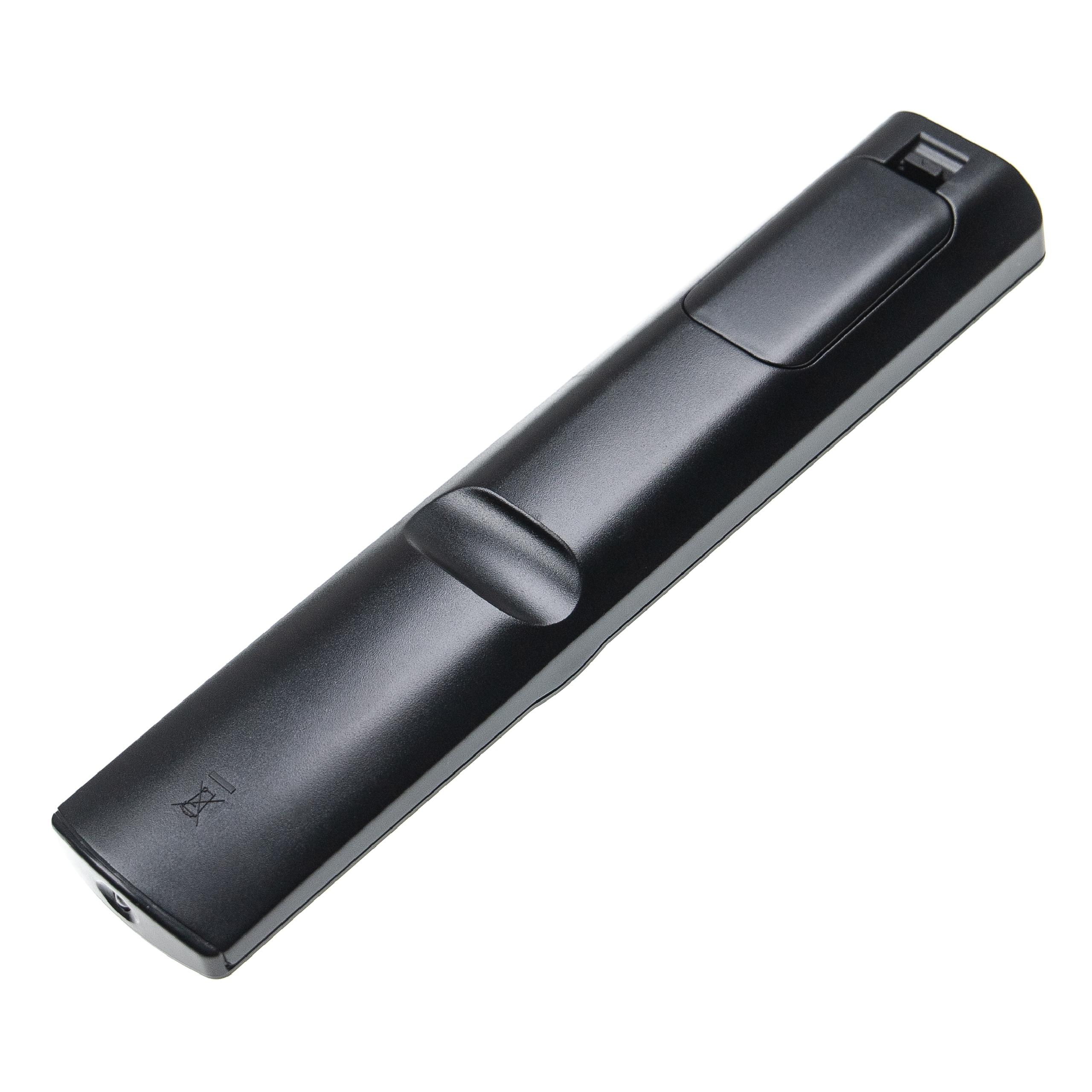 Eine schwarze Fernbedienung auf weißem Untergrund. Sie hat oben einen Knopf und ein geschwungenes Design.