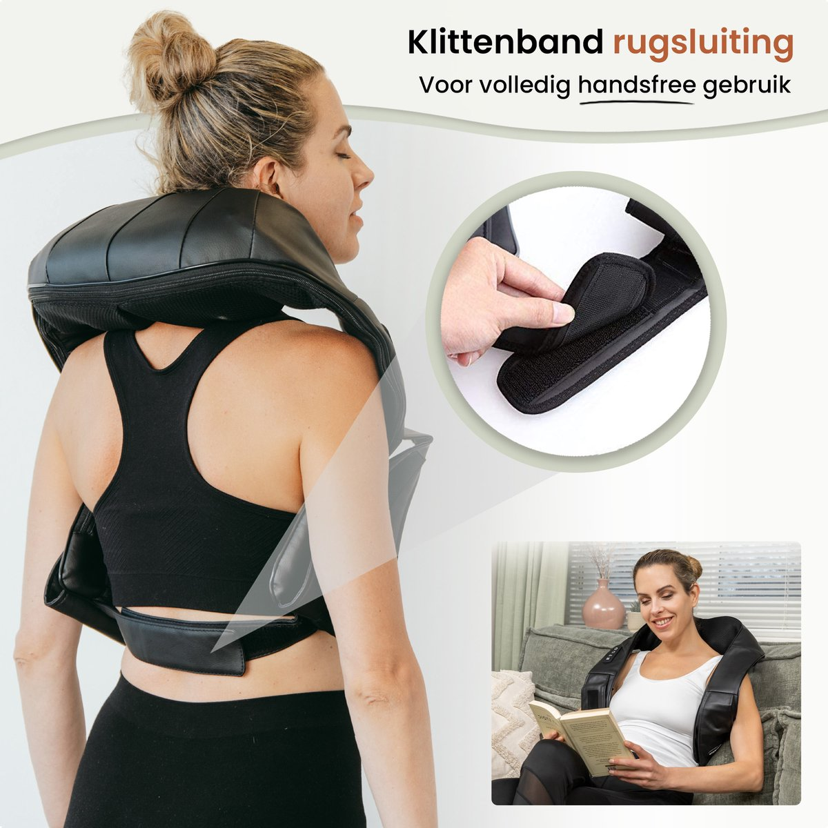 Vrouw met een zwarte nekmassager, met klittenband. Extra afbeeldingen: hand met riem, vrouw leest een boek.