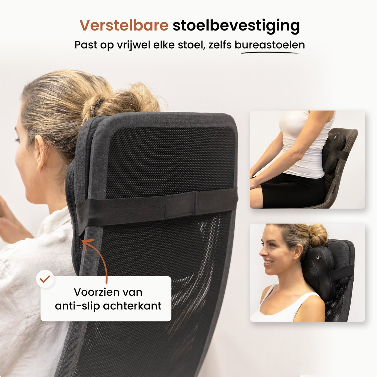 Een vrouw zit op een stoel met rugsteun. Tekst zegt verstelbare stoelbevestiging, past op bijna elke stoel.