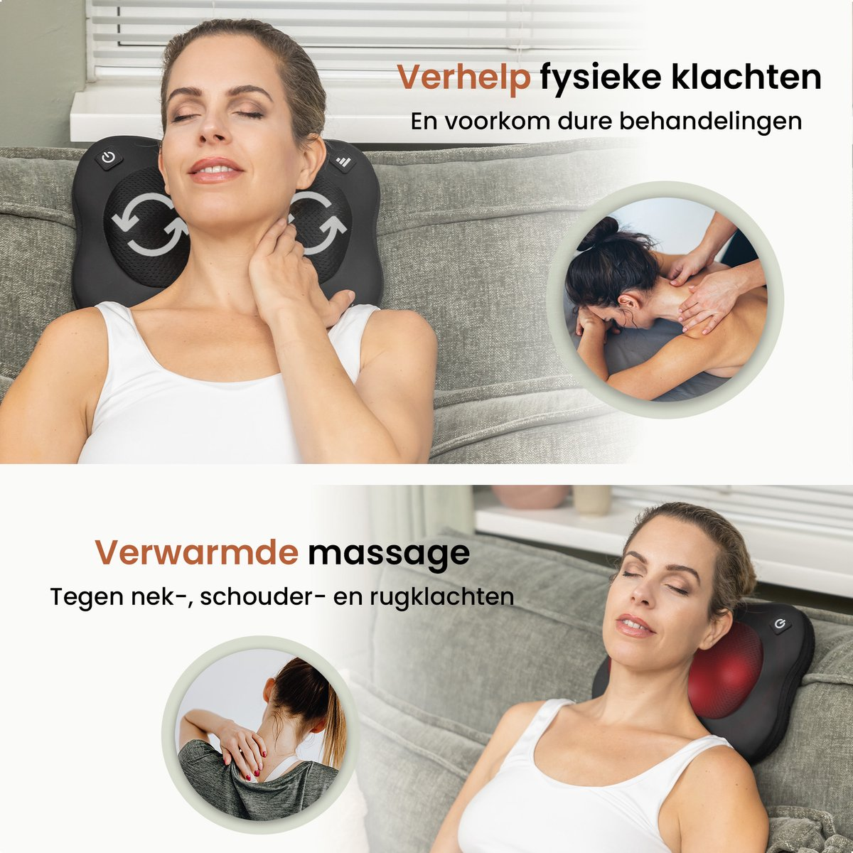 Een vrouw ontspant op een bank met een massagekussen. Insets tonen massagetherapie en nekpijnverlichting. Tekst: verwarmde massage.
