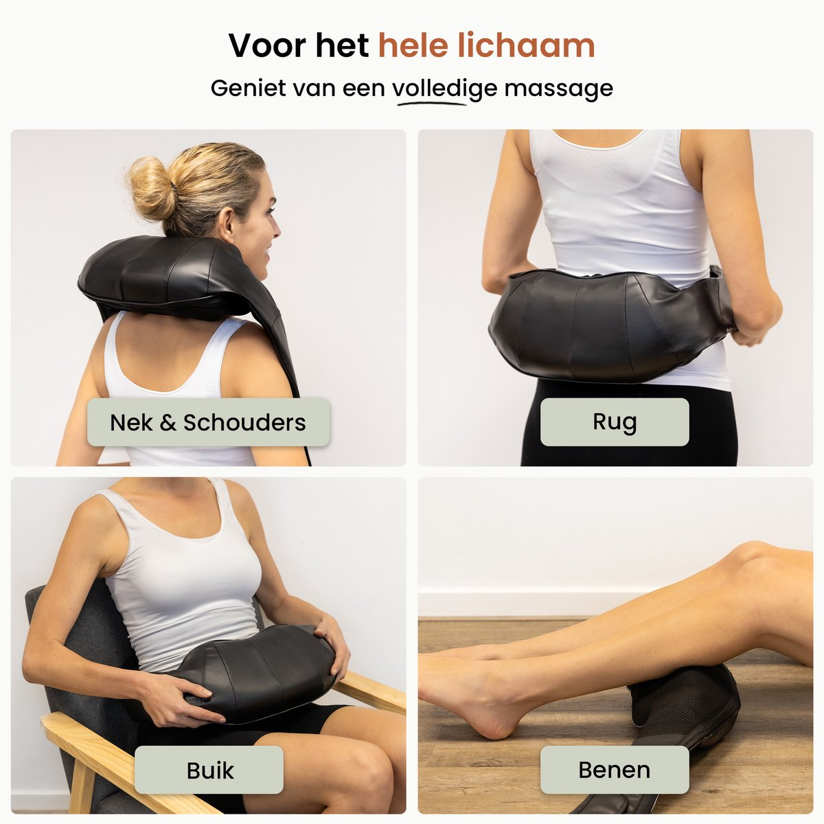 Afbeelding toont een massageapparaat gebruikt op nek, rug, buik en benen. Mensen gebruiken het apparaat in verschillende posities.