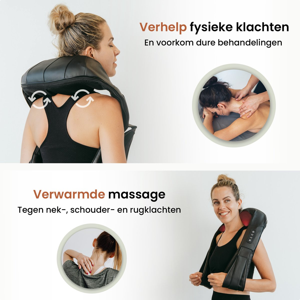 Afbeelding toont een vrouw die een nekmassager gebruikt. Extra afbeeldingen tonen massagetherapie en productdetails.