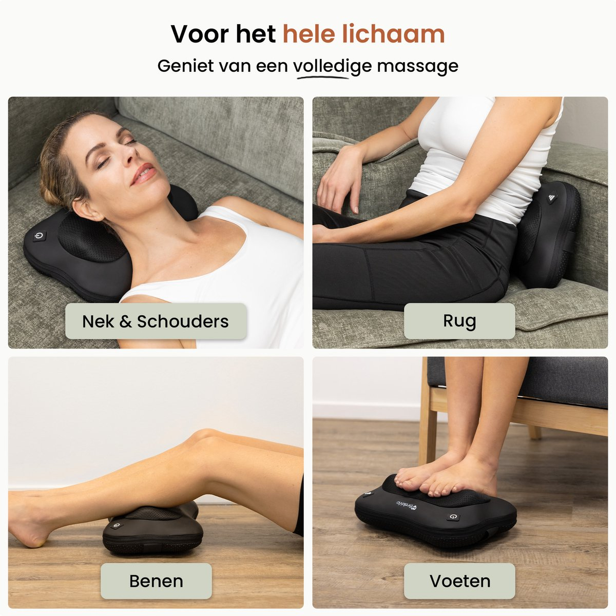 Afbeelding toont lichaamsmassageapparaten. Nek & schouders, rug, benen en voeten worden getoond met gebruikers. Tekst zegt 'Geniet van een volledige massage'.