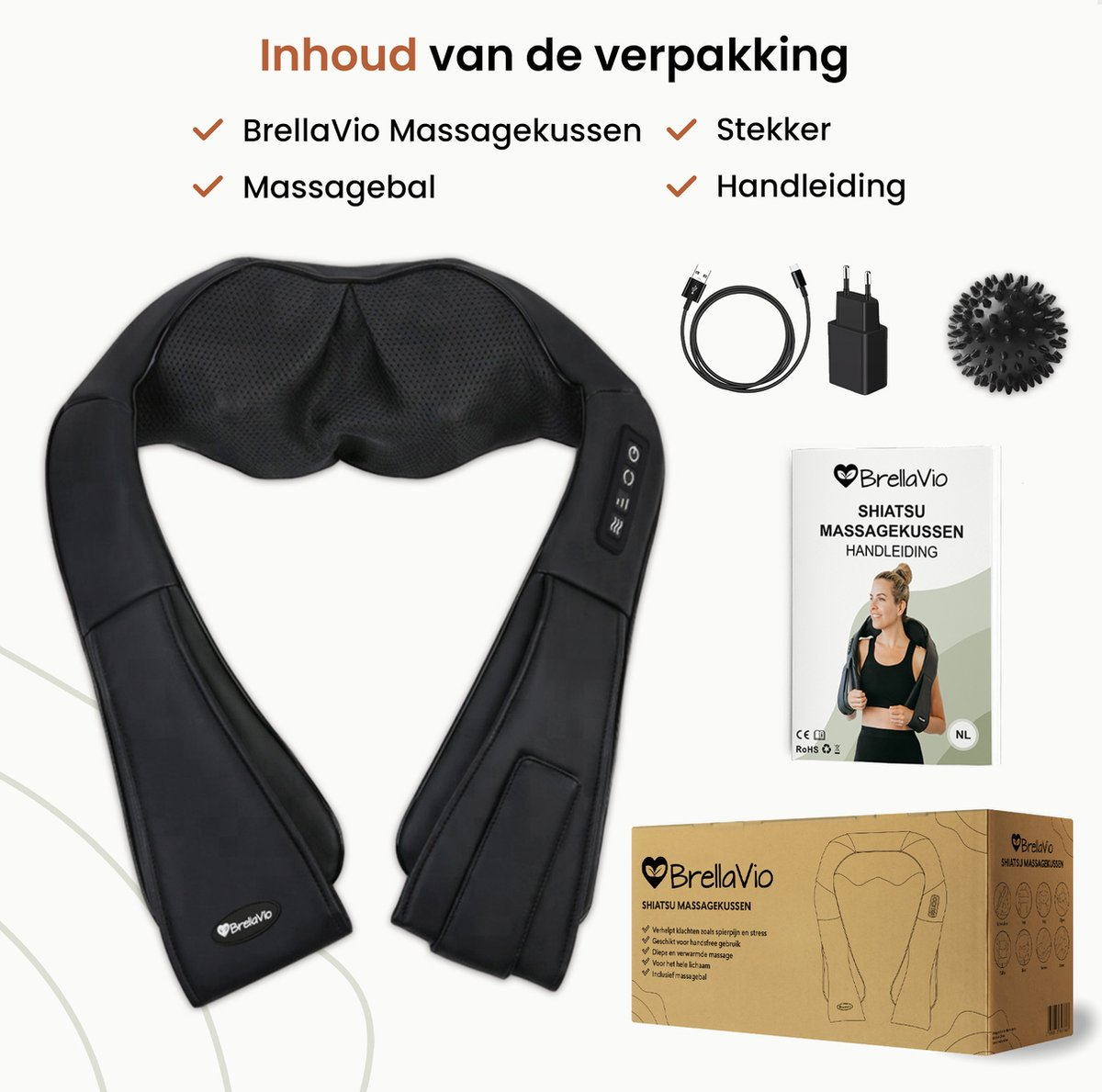 Een zwart massagekussen, oplader, massagebal en handleiding zijn afgebeeld. De verpakking bevat kussen, bal, oplader en een gids.