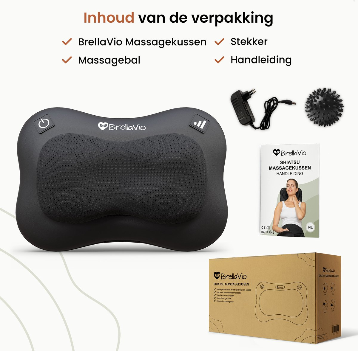 Een zwart BrellaVio massagekussen, een voedingsadapter, een stekelige massagebal, een handleiding en een doos met productdetails.
