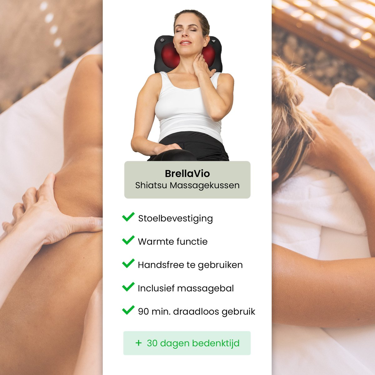 Vrouw die een nekmassager gebruikt. De afbeelding bevat tekst over de functies en een arm die een massage krijgt.