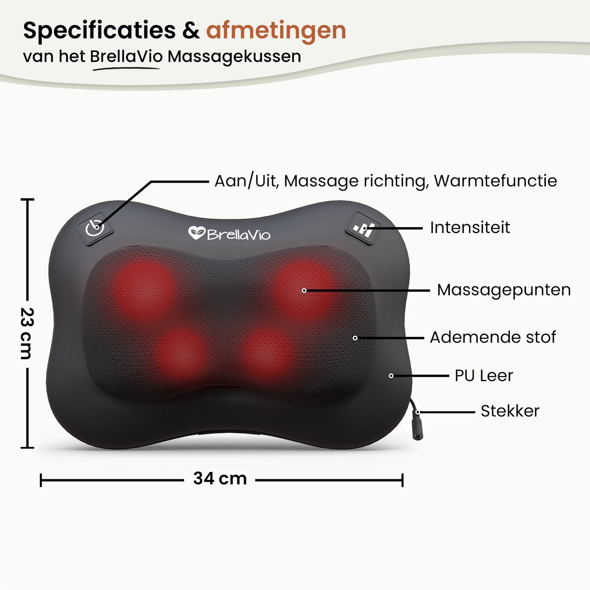 Een zwart BrellaVio massagekussen, gelabeld met afmetingen en functies zoals intensiteit, massagepunten en voedingsconnector.