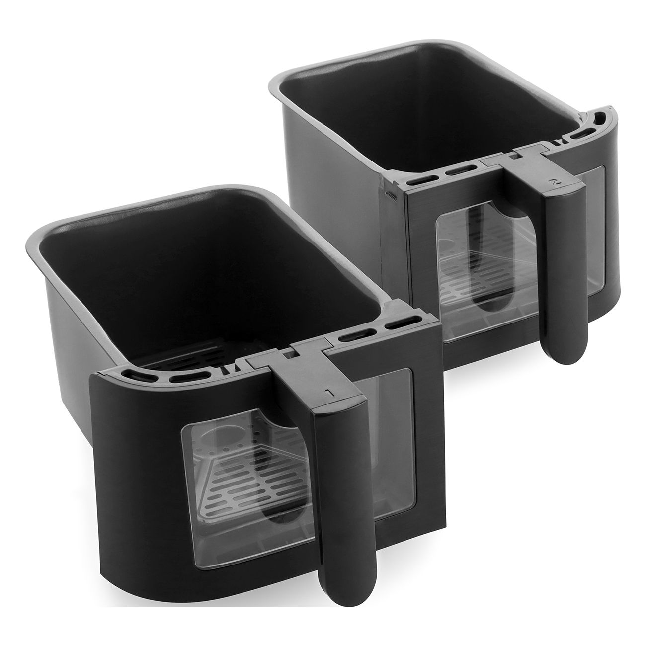 Zwei schwarze Airfryer-Körbe mit Griffen und transparenten Fenstern, auf weißem Hintergrund platziert.