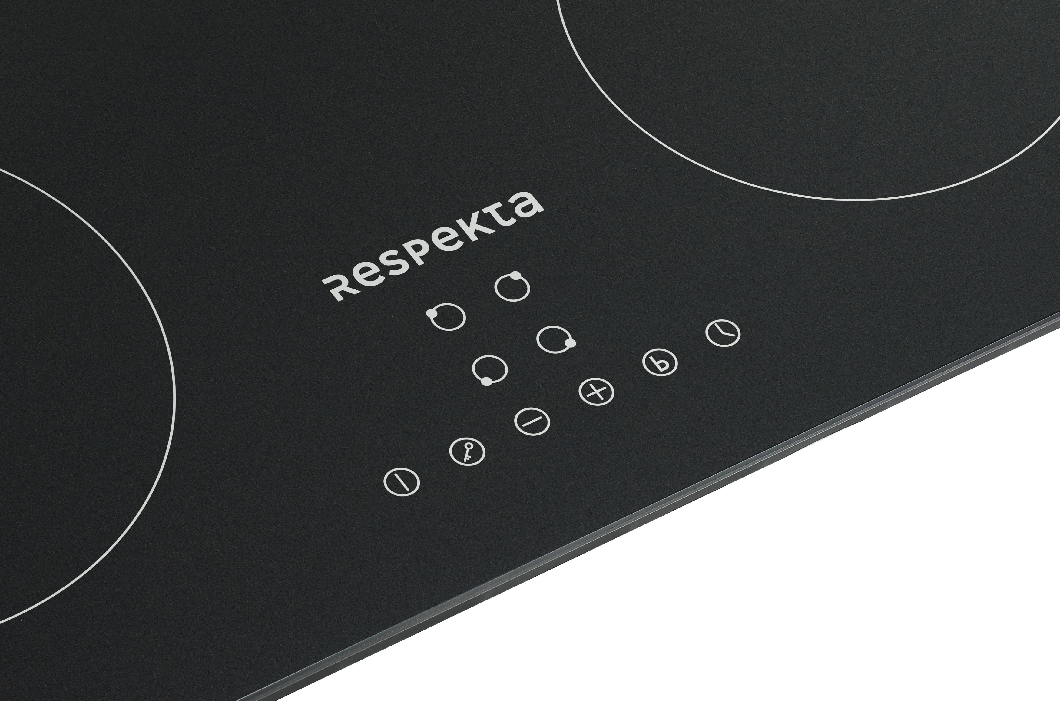 Table de cuisson noire avec cercles blancs et icônes de contrôle. La marque 'Respekta' est visible.