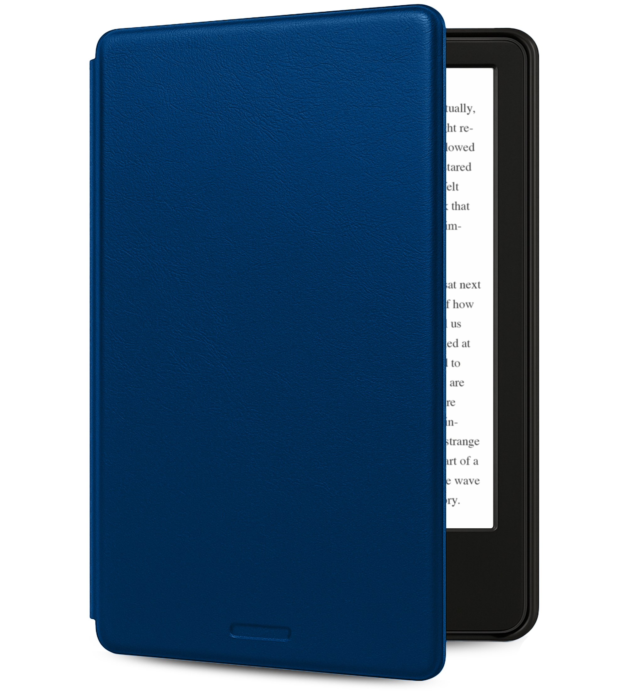 Een e-reader in een blauwe leren hoes is open. Het scherm toont tekst. De hoes is links.