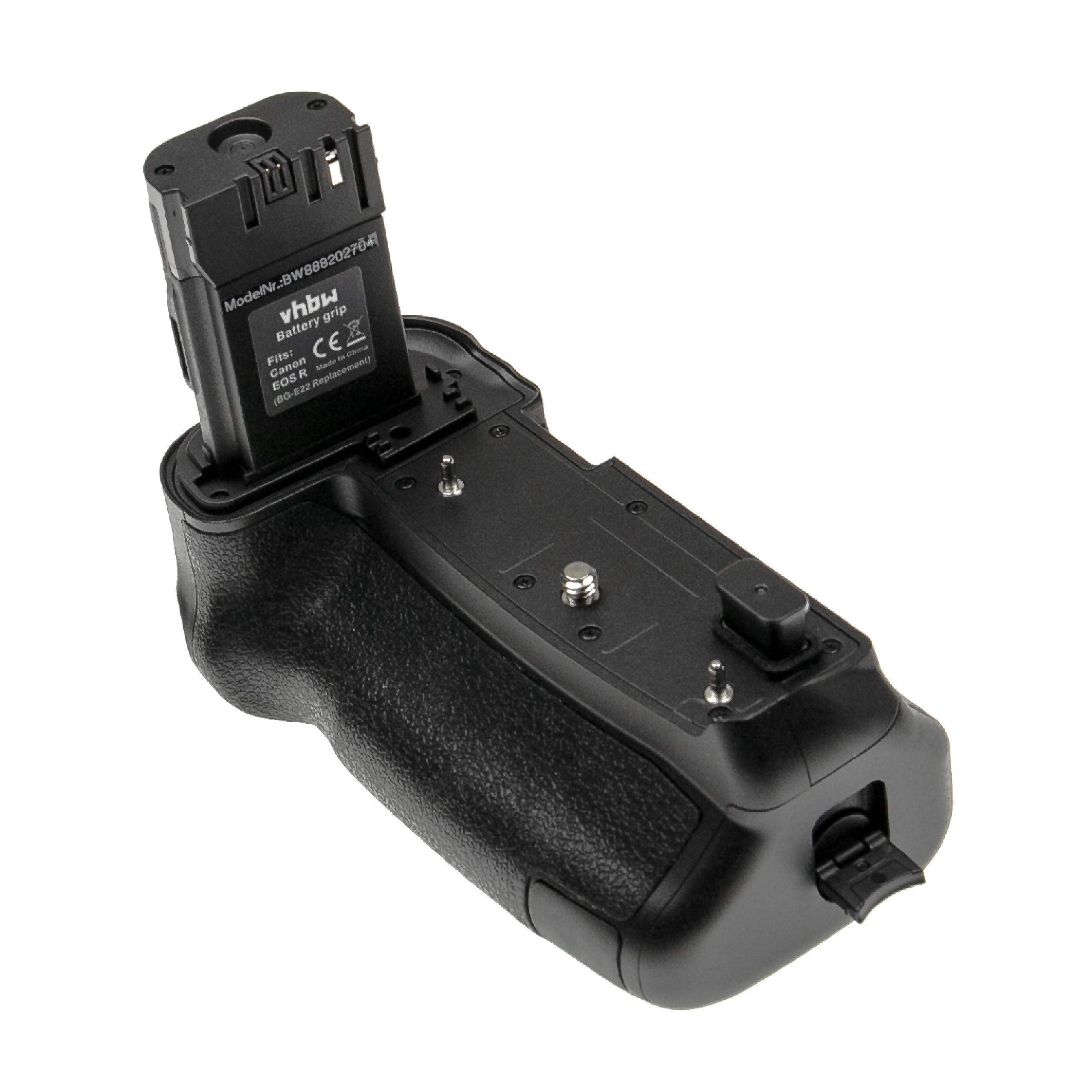 Ein schwarzer vhbw-Batteriegriff für eine Canon EOS R Kamera mit eingelegtem Akku. Weißer Hintergrund.