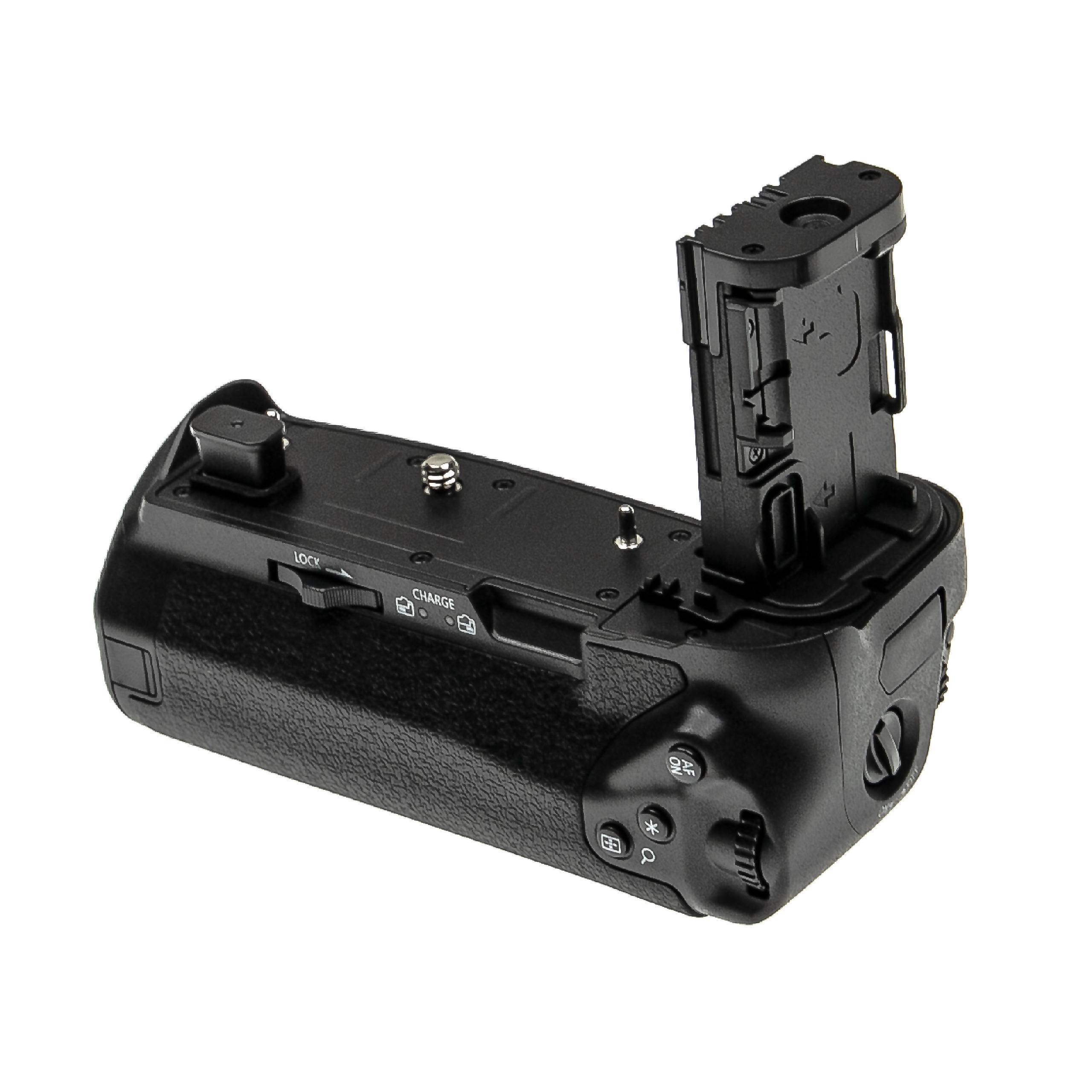 Schwarzer Kamerabatteriegriff. Er hat verschiedene Knöpfe und ein Batteriefach. Der Hintergrund ist weiß.