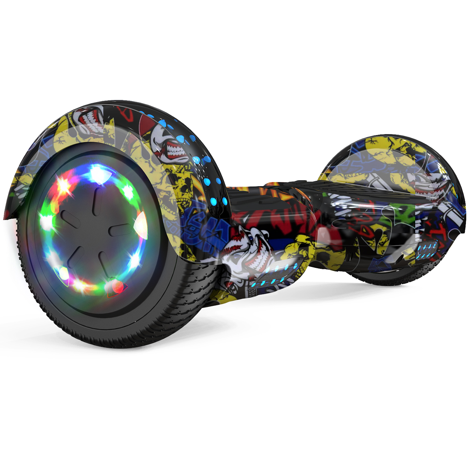 A colorful hoverboard with graphic designs. The wheels have LED lights. The hoverboard is on a white background.