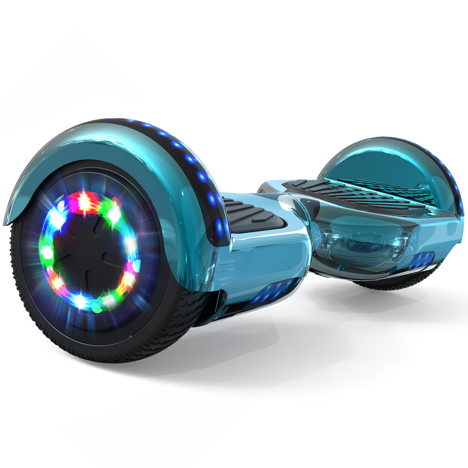 A blue hoverboard with colorful lights in the wheels. The wheels are black, and the body is glossy blue.