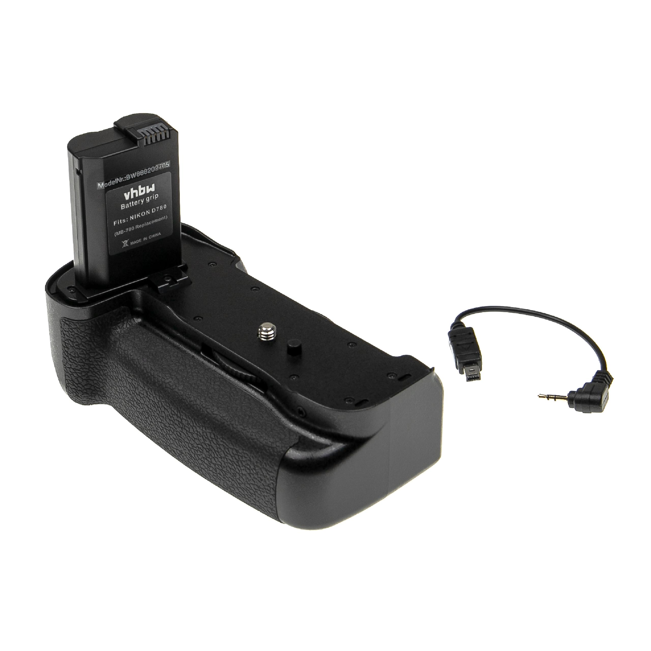 Schwarzer Batteriegriff mit angeschlossener Batterie, Kabel und Stecker. Text auf der Batterie: vhbw, Battery grip, Fits: NIKON D780.