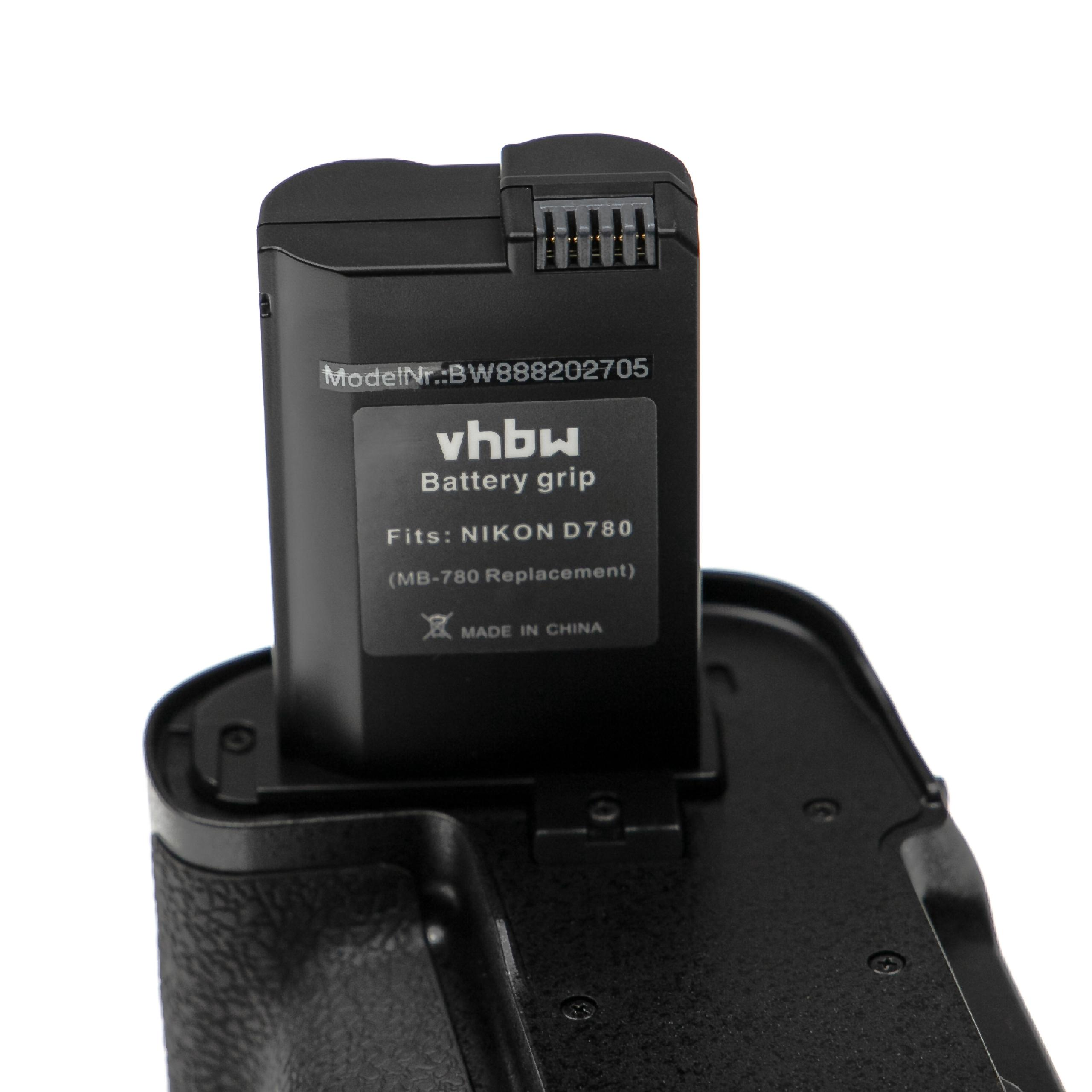 Ein schwarzer Batteriegriff mit dem Logo 'vhbw', passend für eine Nikon D780. Er hat einen Anschluss und ist mit 'Made in China' beschriftet.