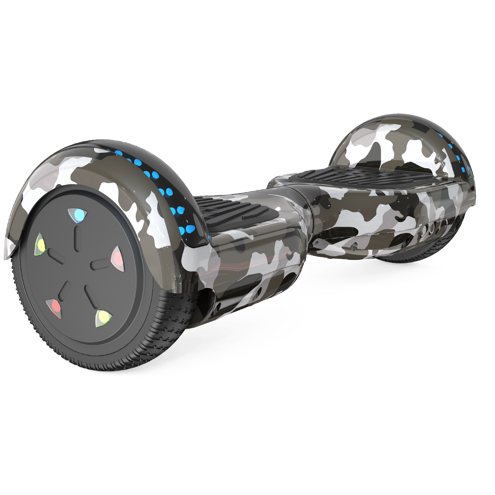 A camouflage hoverboard on a white background. It has black wheels, and the body is patterned with gray, white and black.