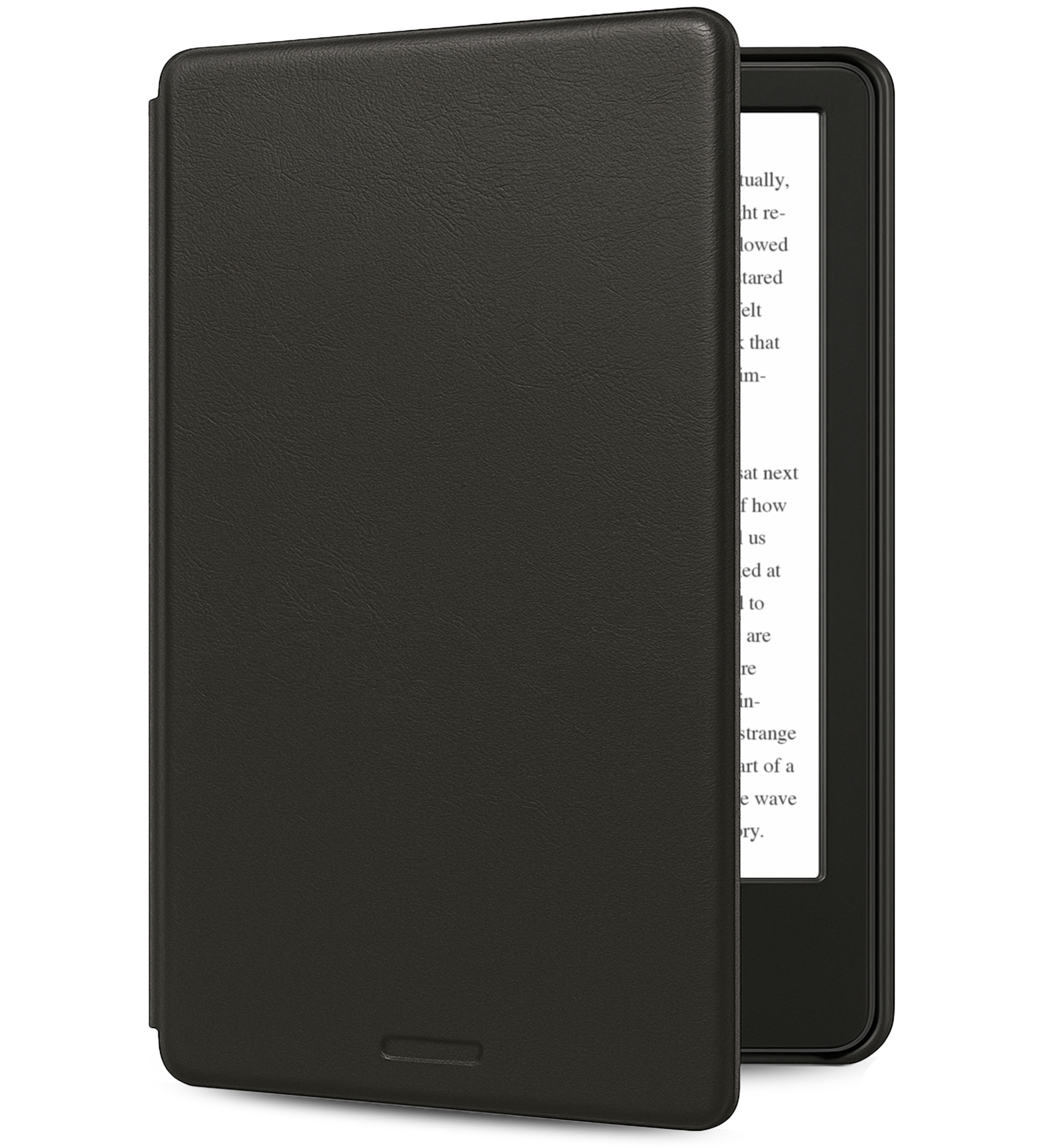 Een zwarte e-reader met openstaande hoes. Het scherm toont tekst. De hoes is getextureerd.