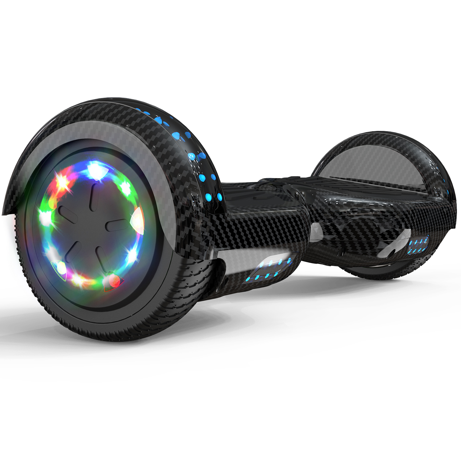 A black hoverboard with a carbon fiber texture. Wheels have colored lights. Blue lights are on the body.