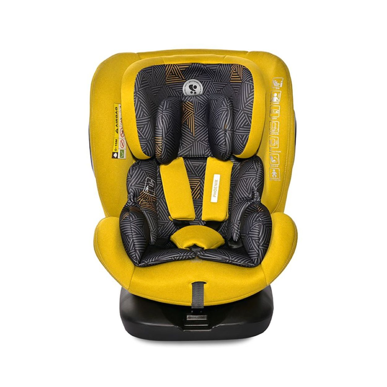Ein gelb-schwarzer Kindersitz. Er hat eine schwarze Basis, einen gelben Sitz und eine Kopfstütze sowie schwarze Einsätze mit gelben Gurten.