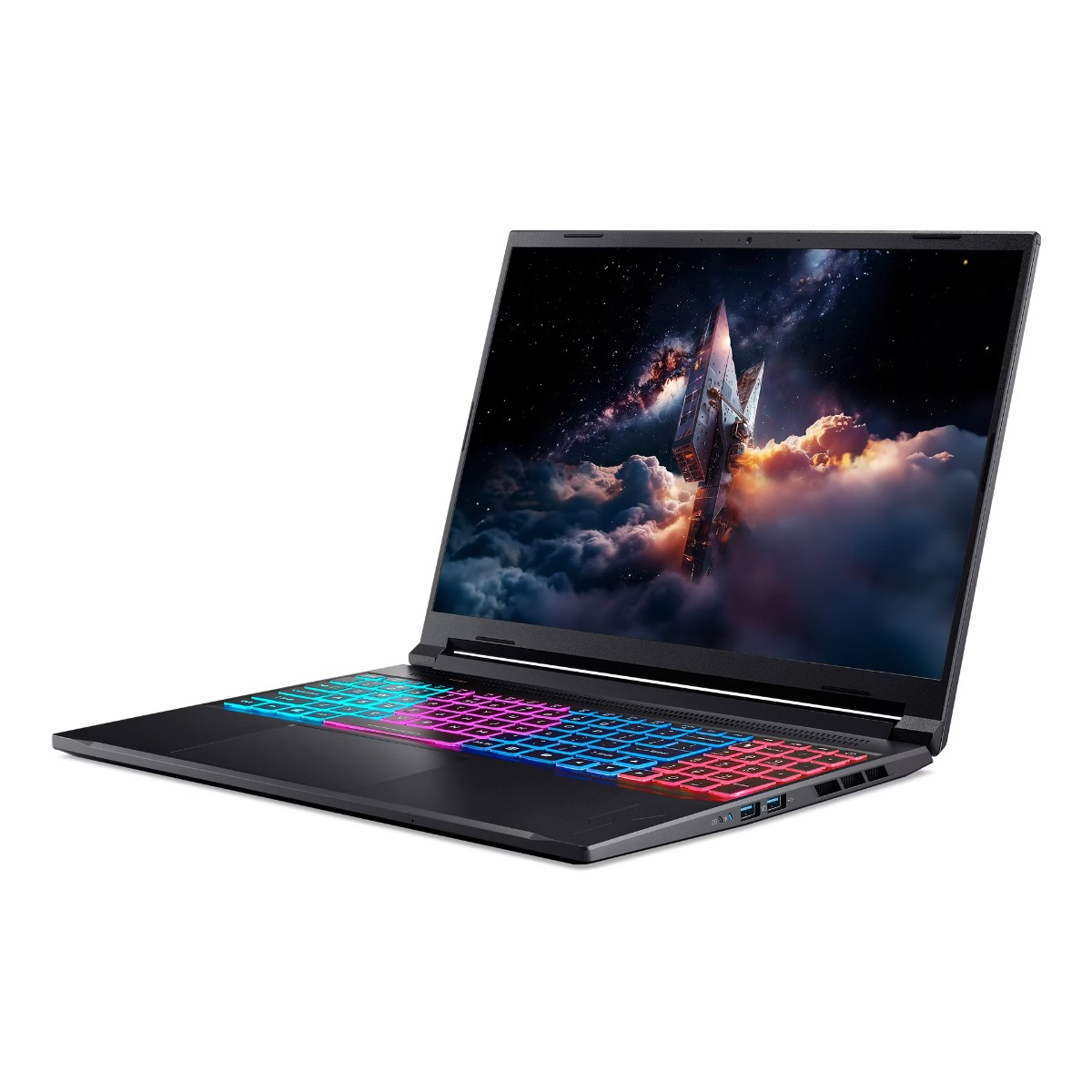 Laptop nero con tastiera colorata. Lo schermo mostra una scena spaziale con un'astronave sopra le nuvole.