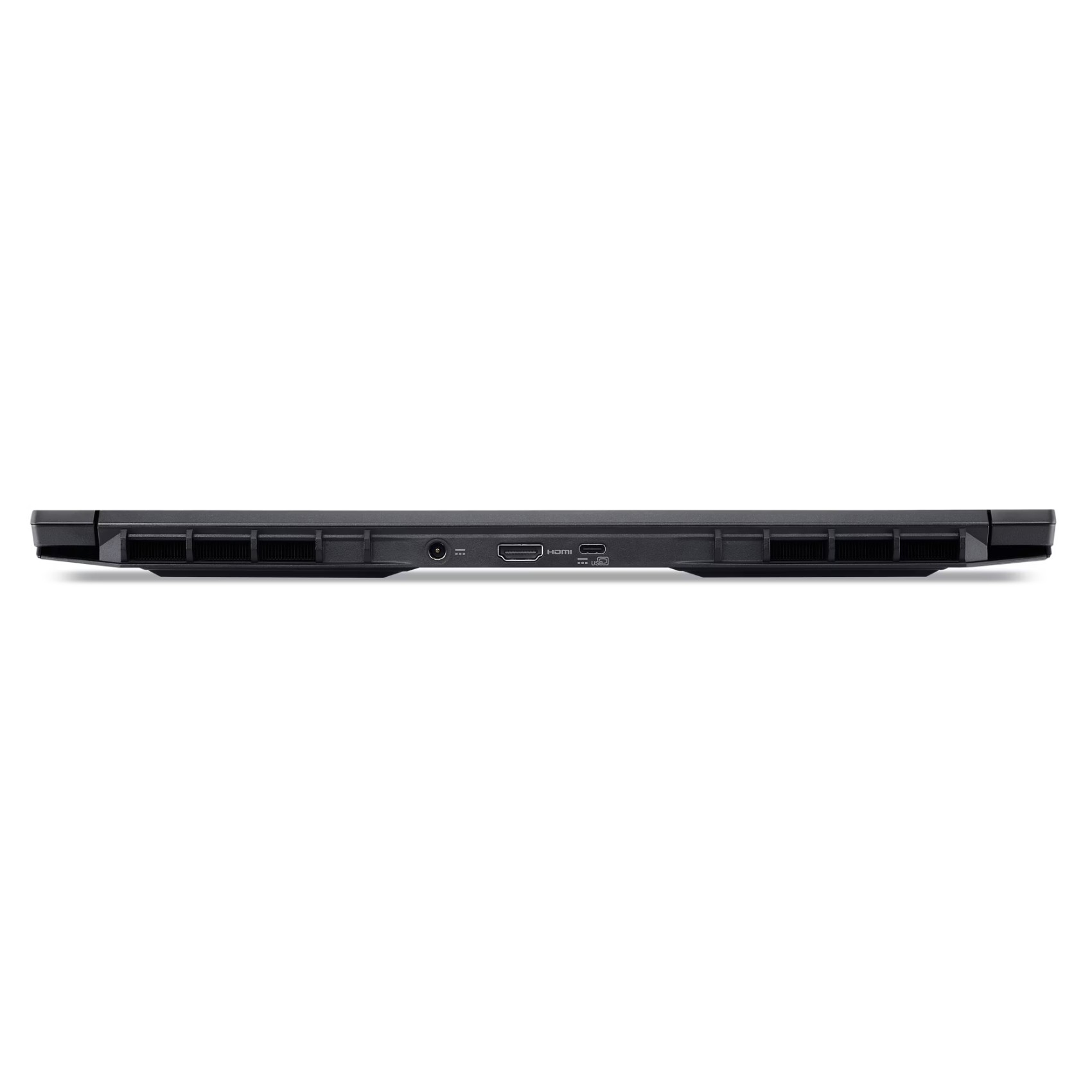 Lato inferiore di un laptop nero su sfondo bianco. Porte HDMI, USB e alimentazione visibili.