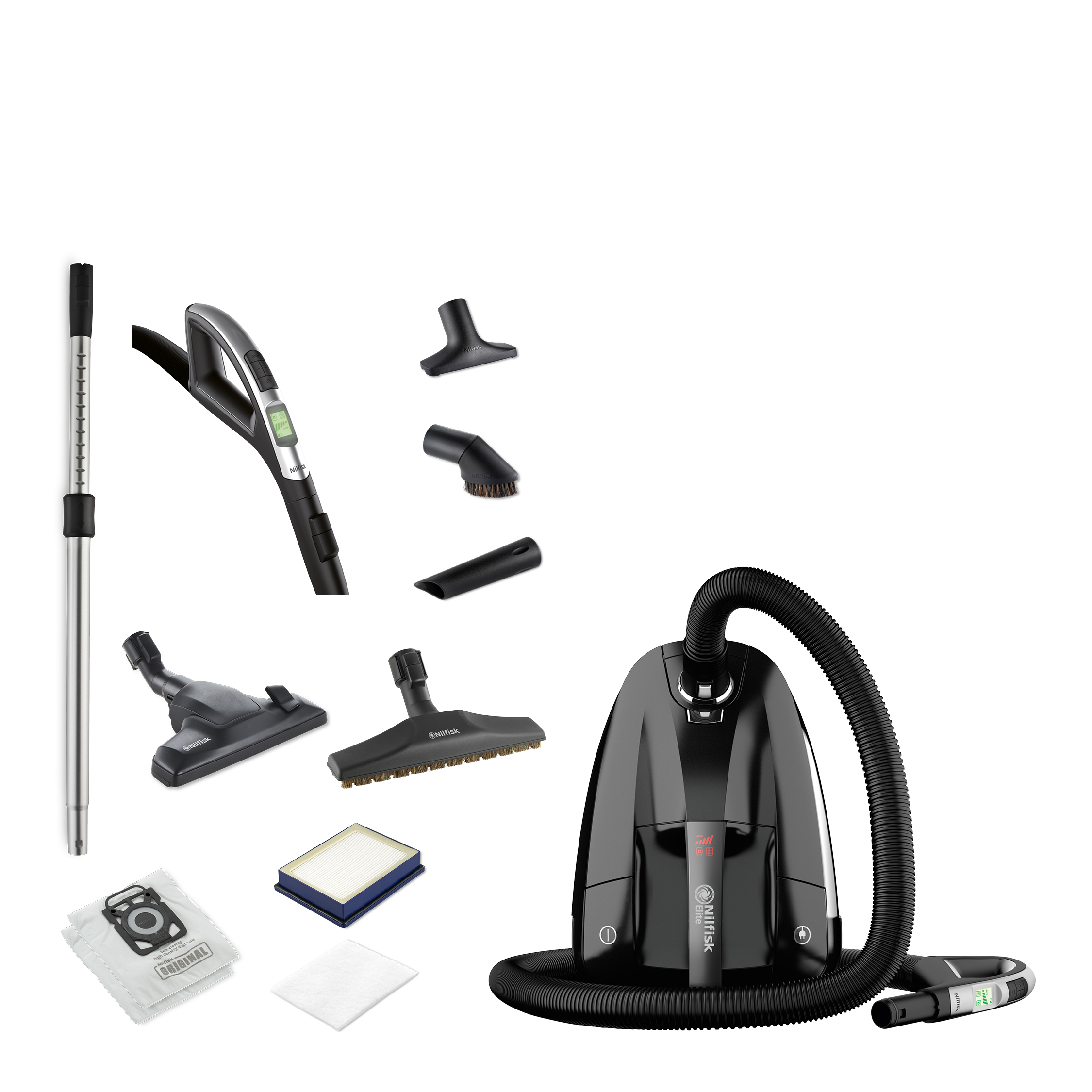 Czarny odkurzacz Nilfisk z wieloma nasadkami, filtrami i workiem na kurz na białym tle.