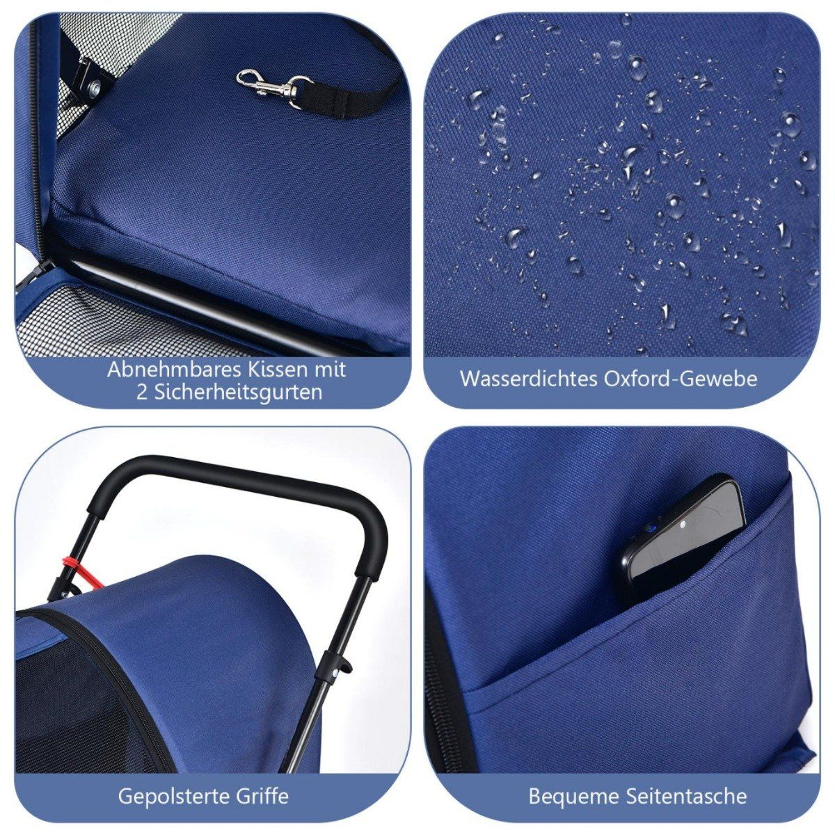 Primeros planos: asa acolchada, tejido impermeable, cojín extraíble, bolsillo con teléfono. Todo en azul.