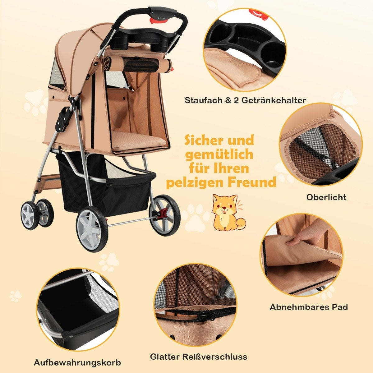 Un cochecito beige para mascotas con almacenamiento, portavasos y una almohadilla extraíble. Características: parte superior de malla y cremallera suave.