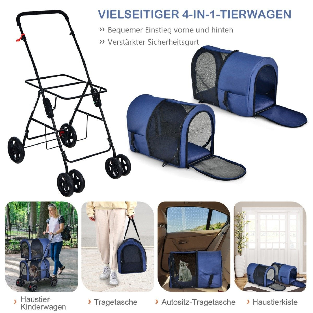 La imagen muestra un sistema de transporte para mascotas con múltiples usos. Incluye un cochecito, bolsas de transporte y un transportín para asiento de coche.