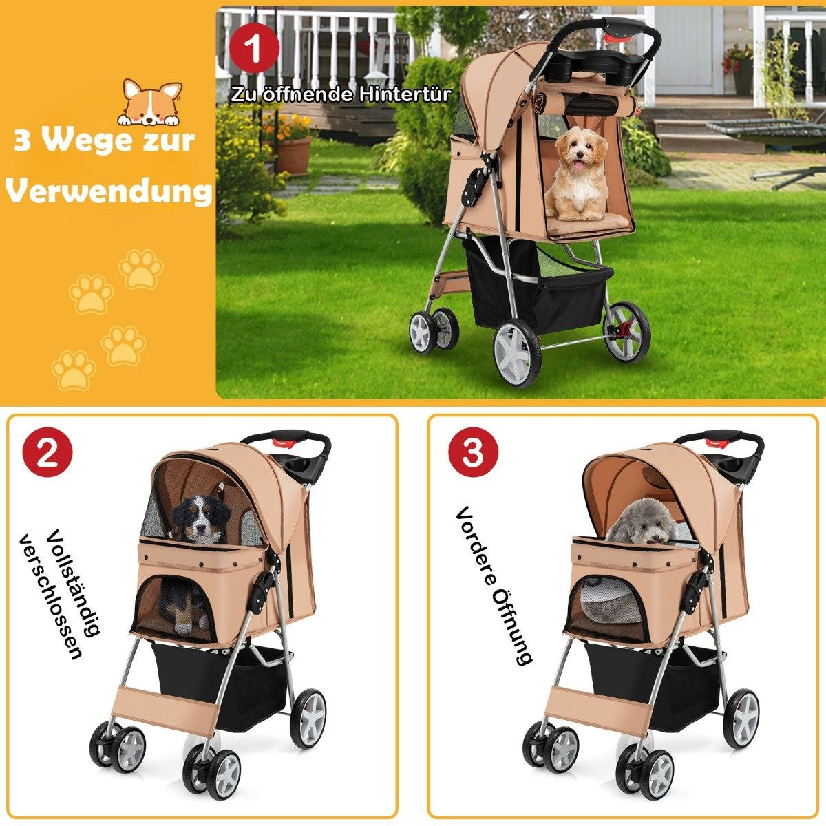 Un cochecito beige para mascotas con un perro adentro, mostrado de tres maneras: abierto, cerrado y abierto por delante. El fondo es un césped verde.