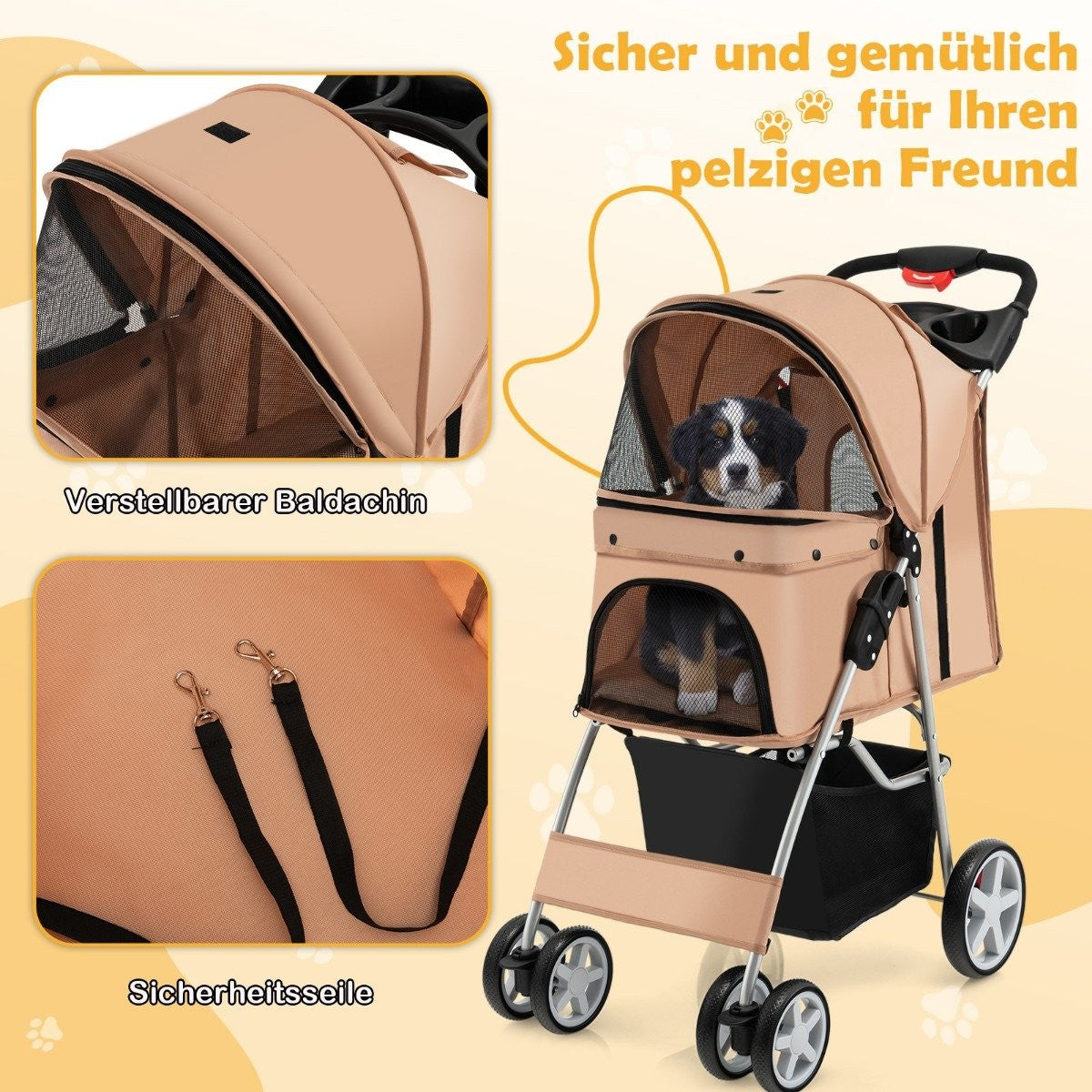 Un cochecito para mascotas beige con un perro dentro. Tiene capota, ventanas de malla y una cesta de almacenamiento. Texto: seguro y acogedor para tu amigo peludo.