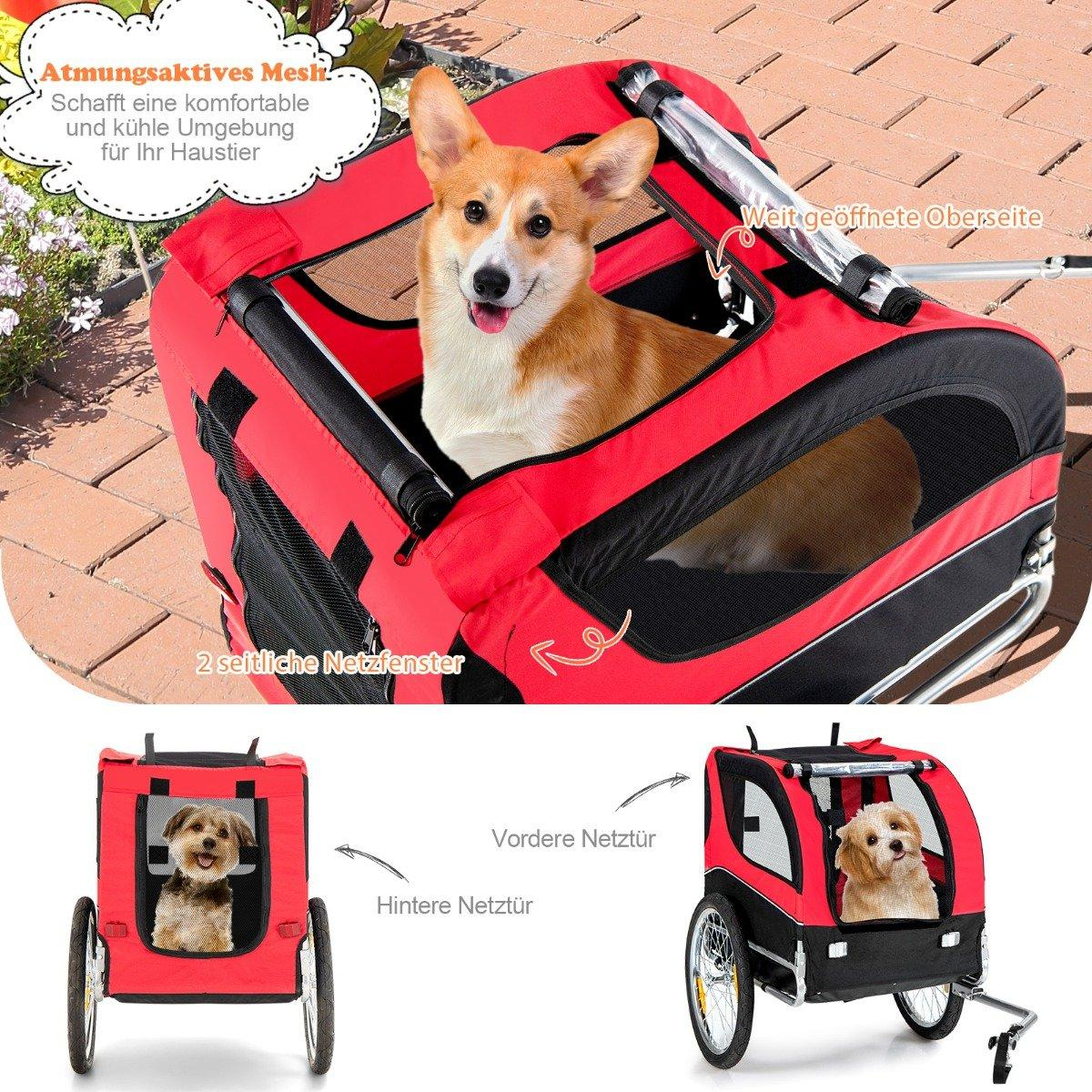 Un perro corgi está sentado en un remolque rojo para mascotas. El remolque tiene ventanas de malla y está abierto en la parte superior. Una imagen más pequeña muestra otro perro en un remolque.