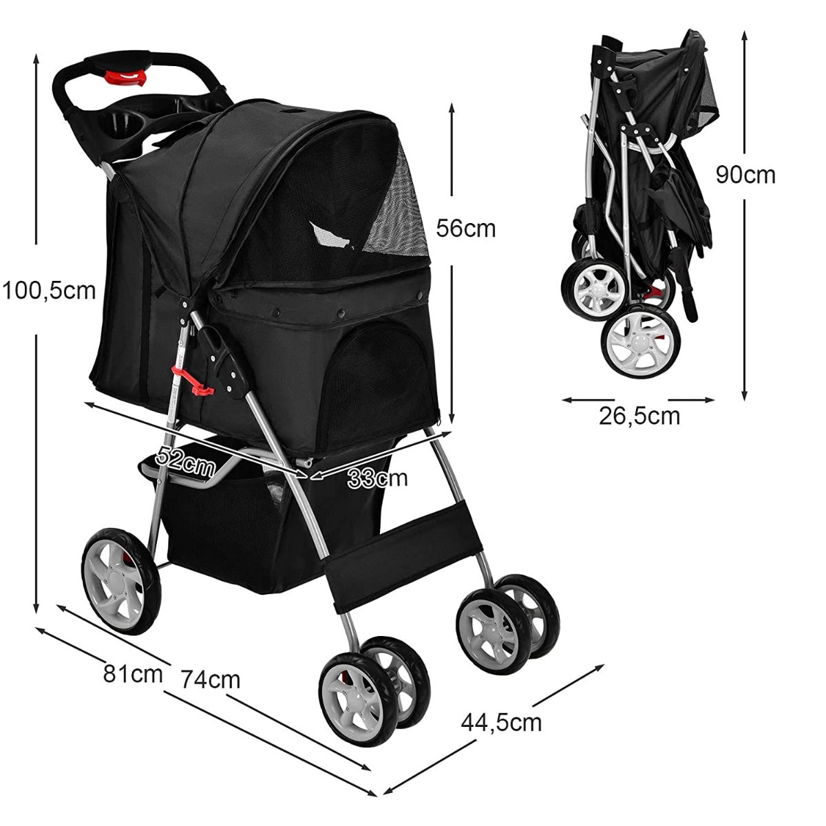 Cochecito negro para mascotas con dimensiones. Muestra el cochecito abierto y plegado. Ruedas grises, detalles rojos.