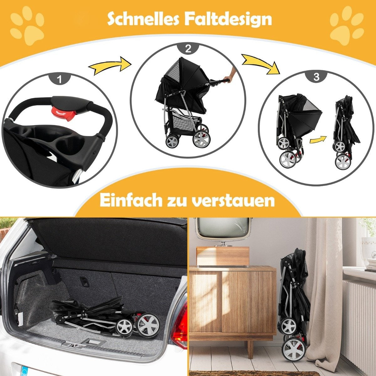 Cochecito plegable que se muestra en diferentes etapas. También, un cochecito plegado en el maletero de un coche y junto a un armario.