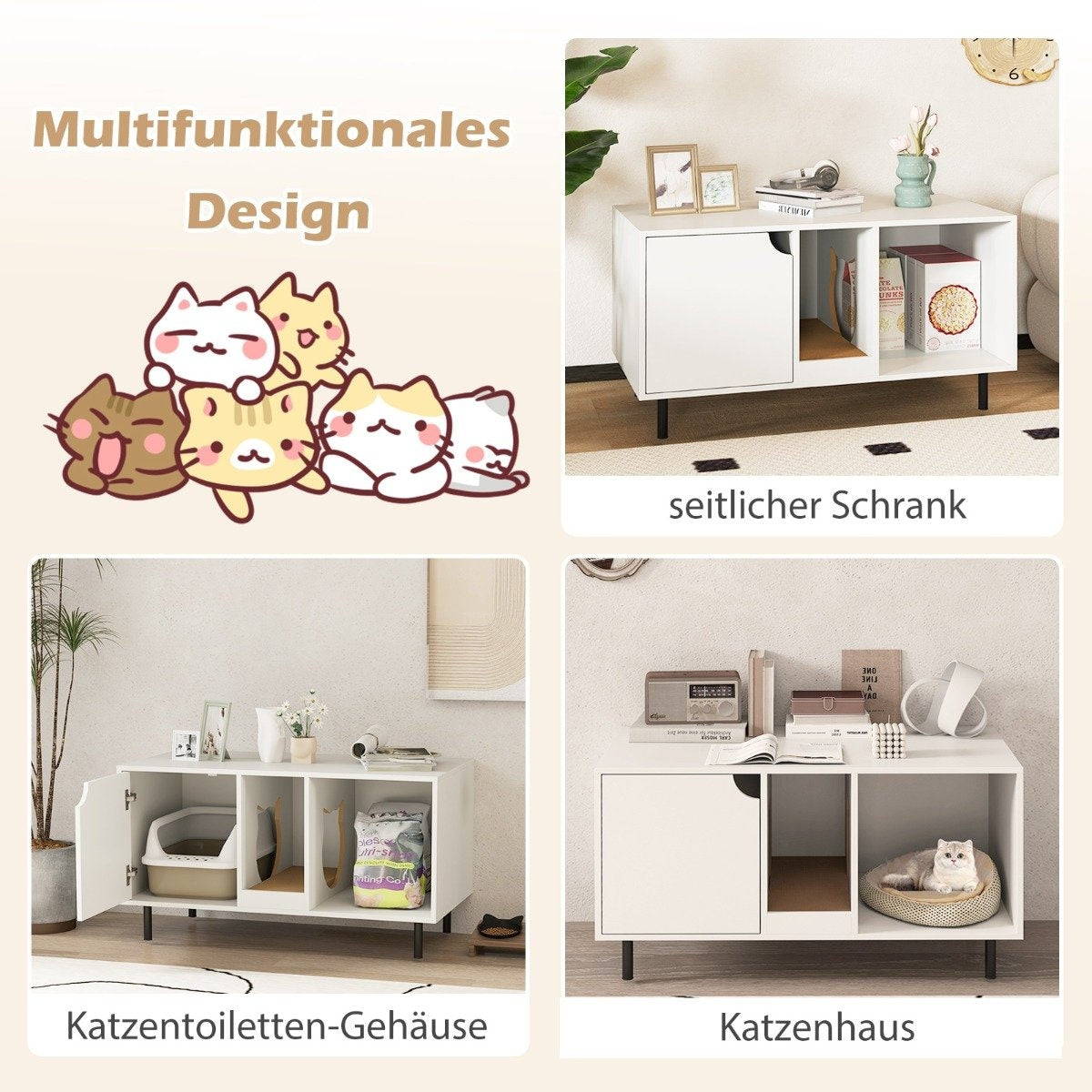 La imagen muestra muebles para gatos. Incluye un armario, una casa para gatos, una caja de arena y un diseño de gato de dibujos animados.