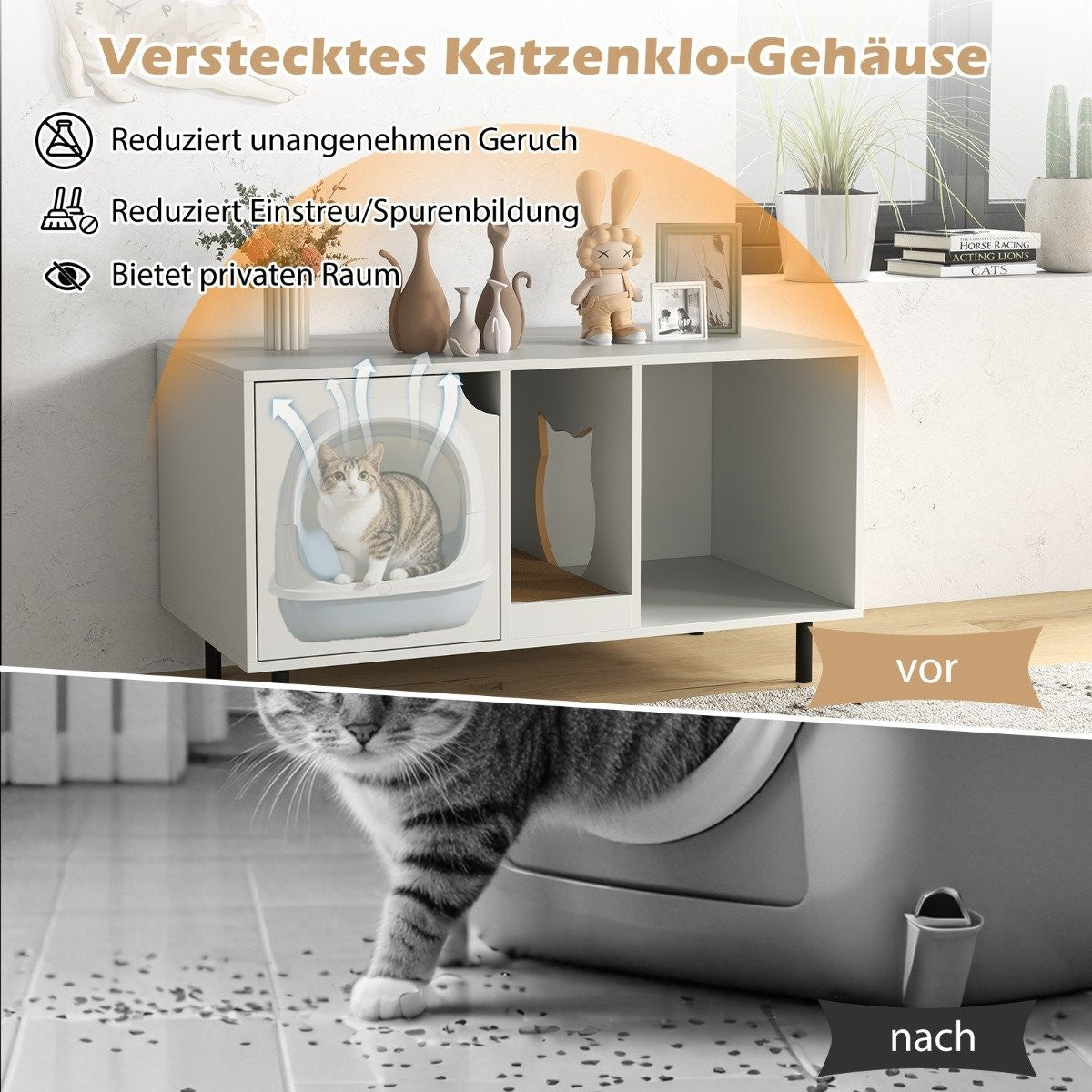 Un mueble blanco para arenero con un gato dentro. El mueble tiene estantes y una comparación de antes/después con un gato usando el inodoro.