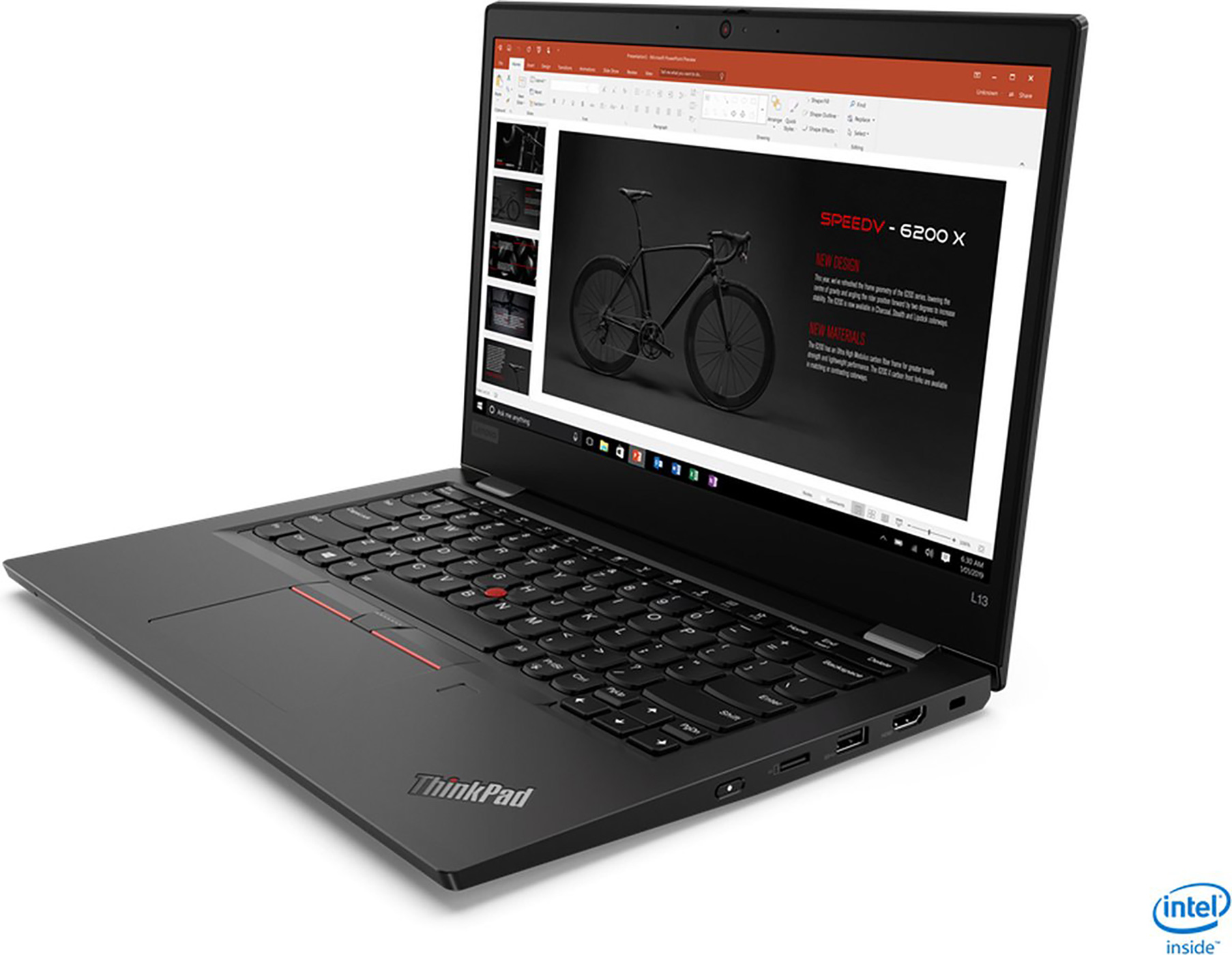 Zwarte ThinkPad laptop open, met een presentatie over een fiets. Intel inside logo rechtsonder.