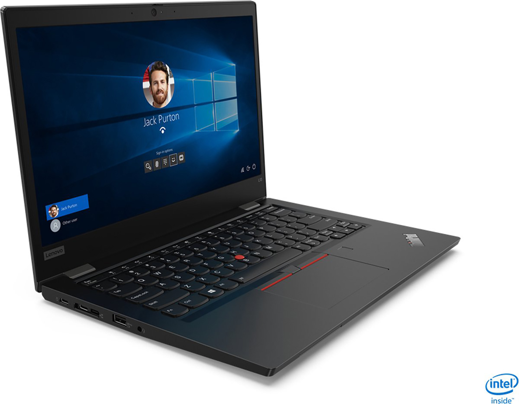 Zwarte Lenovo laptop open, met een inlogscherm met foto van een man. Toetsenbord en touchpad zichtbaar, Intel inside logo.