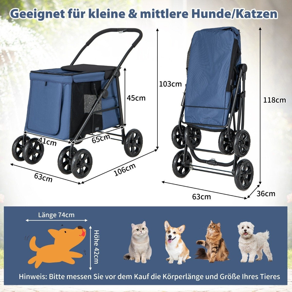 Un cochecito azul para mascotas con dimensiones. Incluye una ilustración de perro e imágenes de gatos y perros. Texto en alemán.