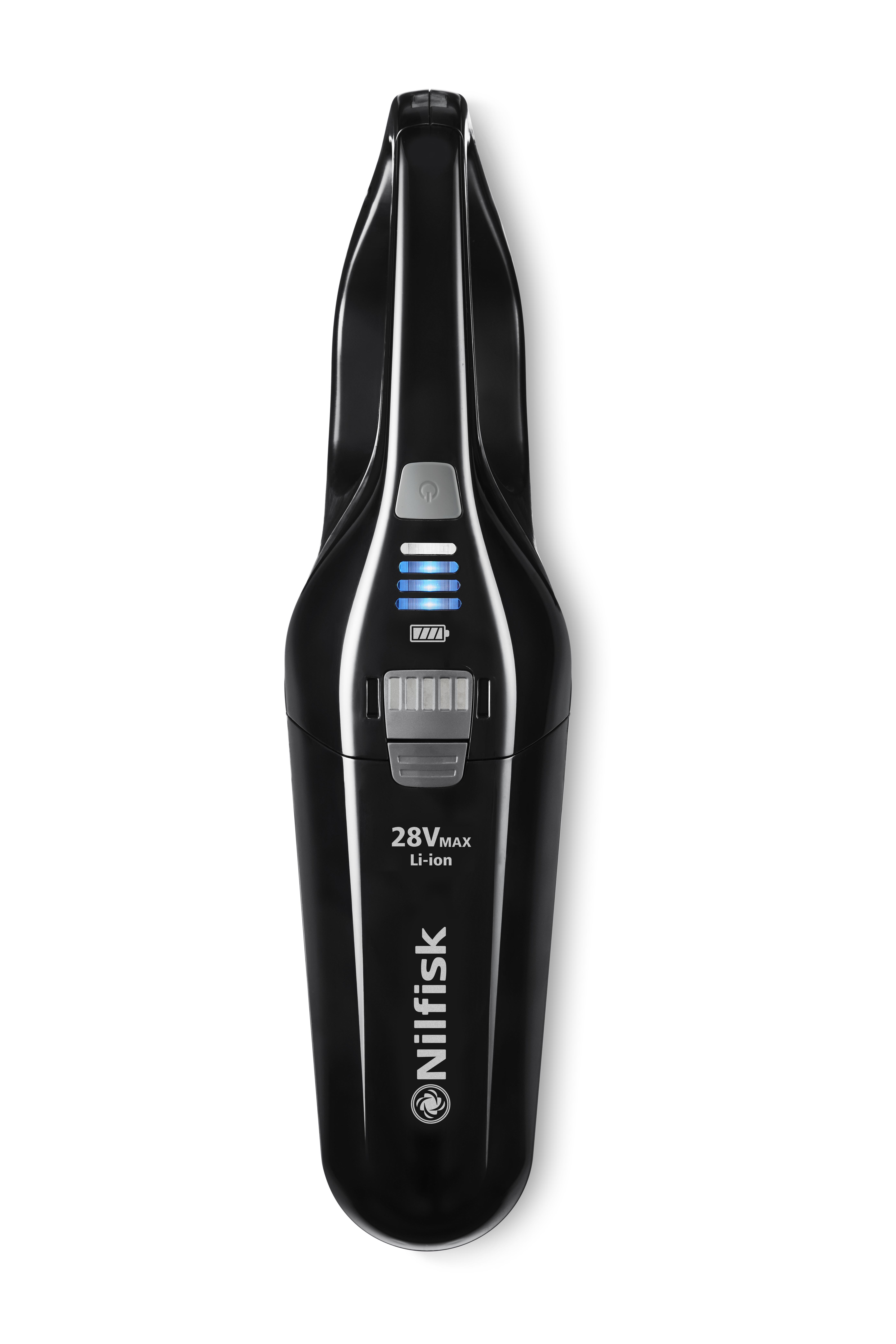 Un aspirateur à main Nilfisk noir. Il dispose d'indicateurs d'alimentation et de batterie. Le fond est blanc.