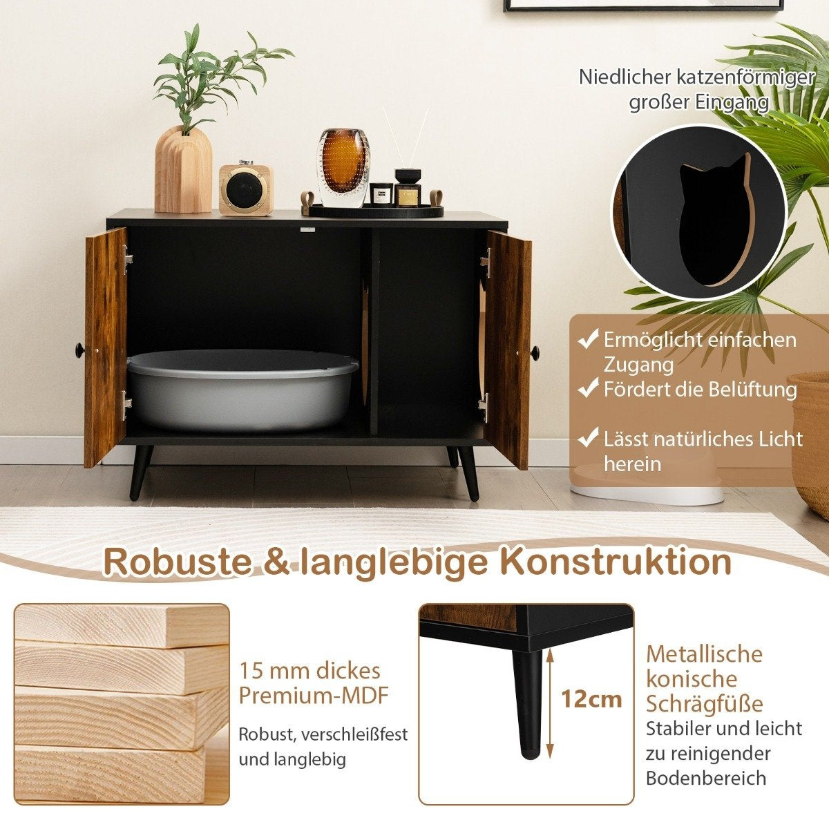 Un mueble negro para arenero con puertas abiertas, arenero dentro y objetos decorativos encima, detalles del producto.