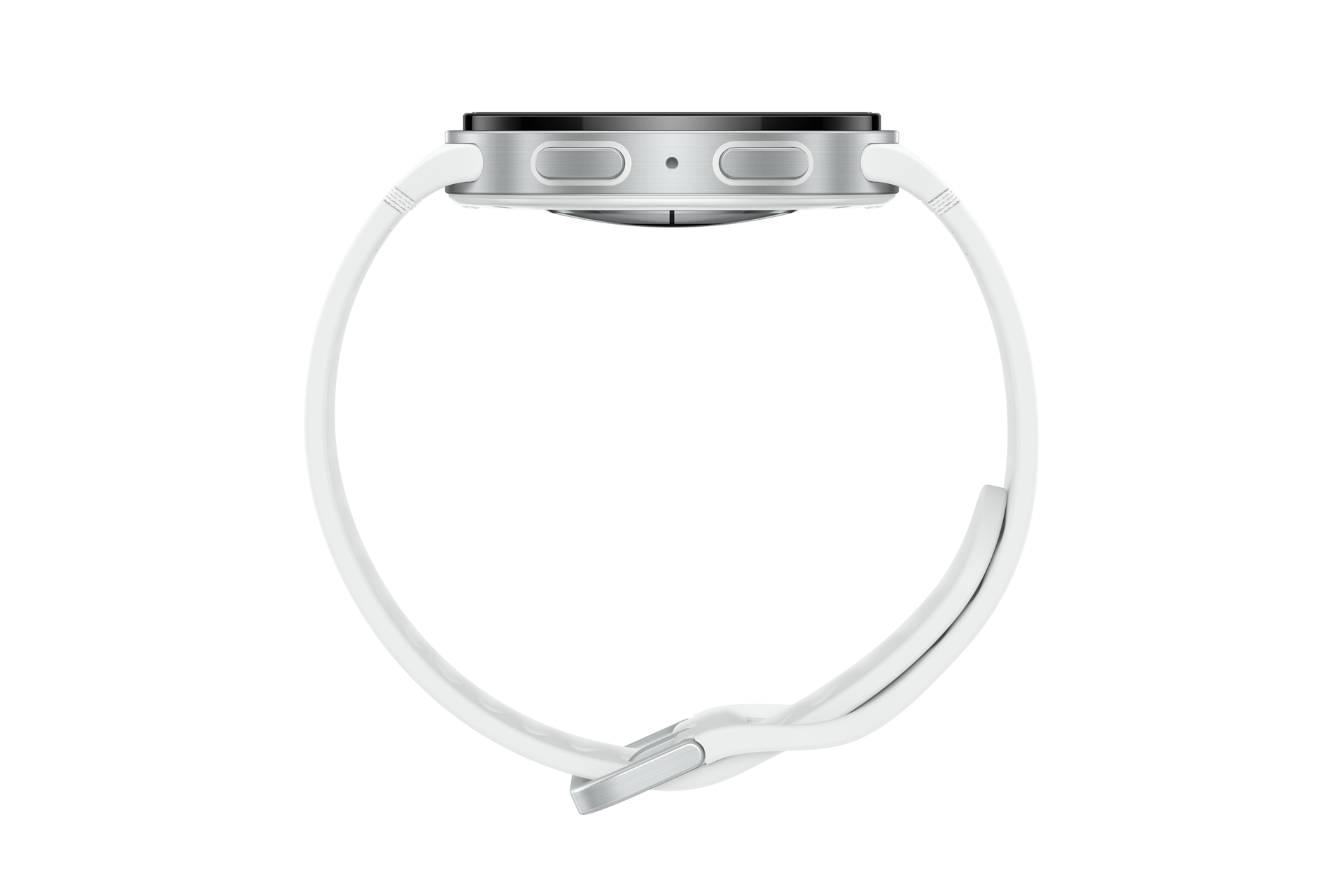Vista laterale di uno smartwatch bianco con cinturino bianco su sfondo nero. Ha pulsanti argentati e schermo nero.