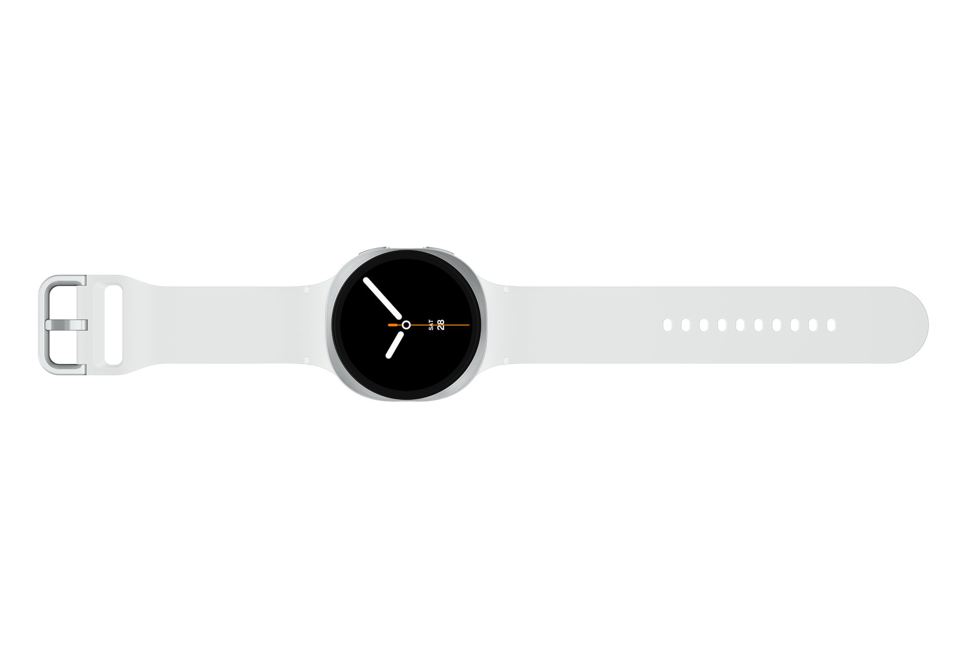 Uno smartwatch bianco con quadrante nero mostra l'ora. L'orologio ha un cinturino bianco con fibbia, su sfondo nero.