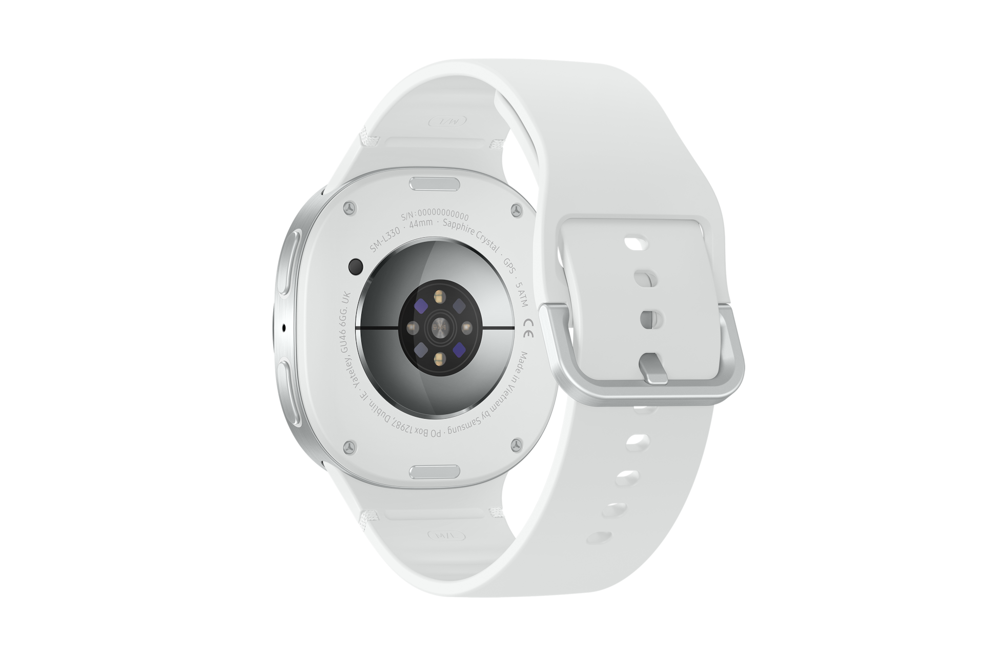 Retro della smartwatch bianco, cinturino attaccato. Sono presenti sensori, dettagli del marchio e cinturino bianco con fibbia argentata su sfondo nero.