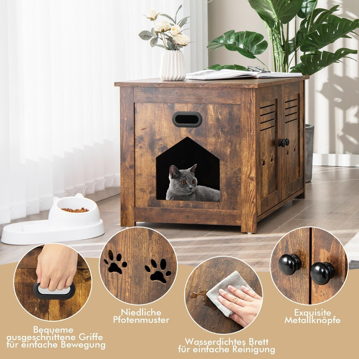 Una casa para gatos marrón con un gato gris dentro. Detalles muestran huellas de patas, manijas y limpieza. Un cuenco blanco para gatos a la izquierda.