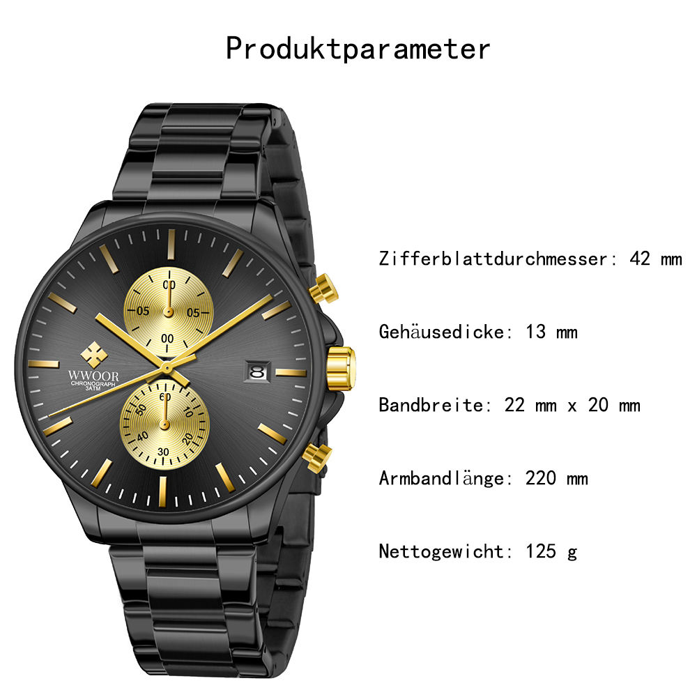 Eine schwarze Armbanduhr mit goldenen Akzenten. Sie hat ein dunkelgraues Zifferblatt mit drei Hilfszifferblättern und einem Datumsfenster. Spezifikationen sind aufgeführt.